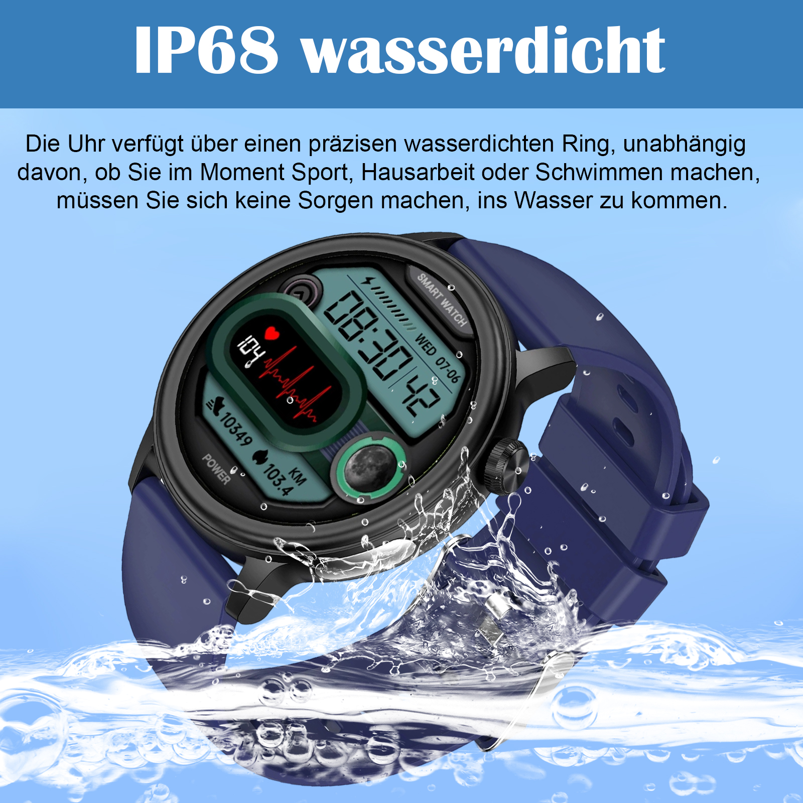 Eine Smartwatch im Wasser. Sie zeigt die Uhrzeit, Herzfrequenz und Schritte an. Die Uhr ist blau, Wassertropfen sind sichtbar.