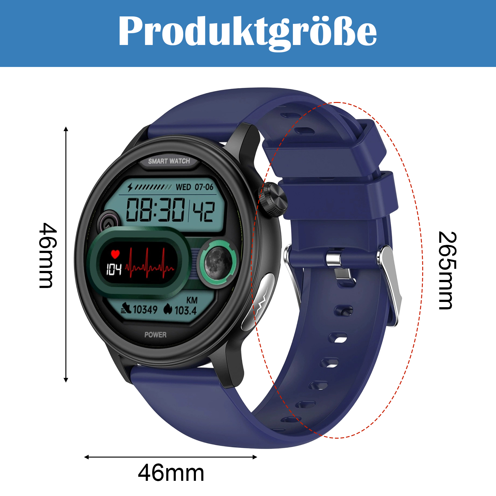 Smartwatch mit blauem Armband, Anzeige von Zeit und Metriken, mit Größenangaben.