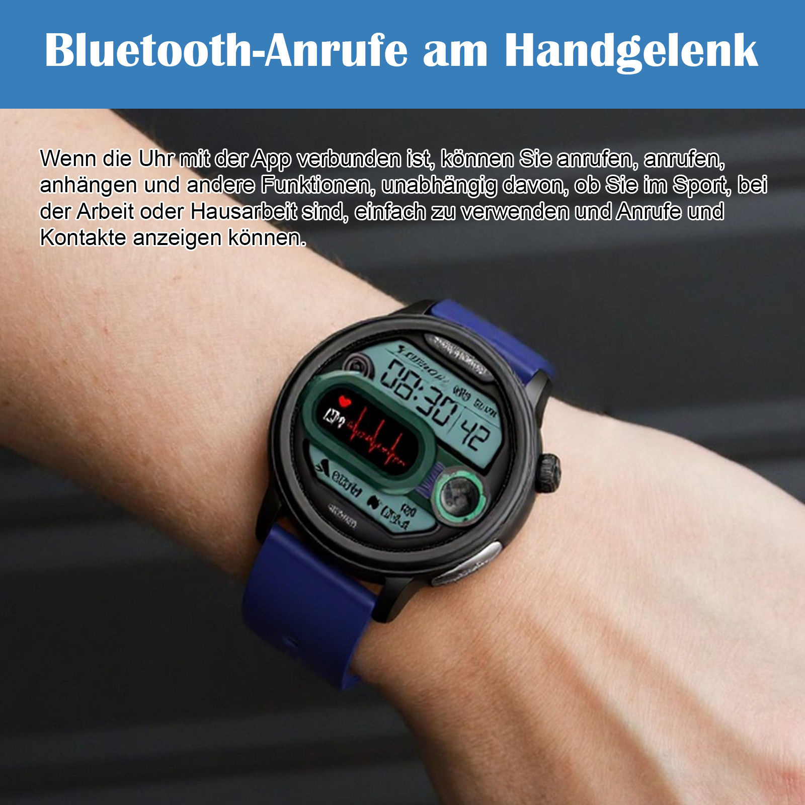 Smartwatch am Handgelenk, zeigt Zeit und Infos, mit blauem Armband.
