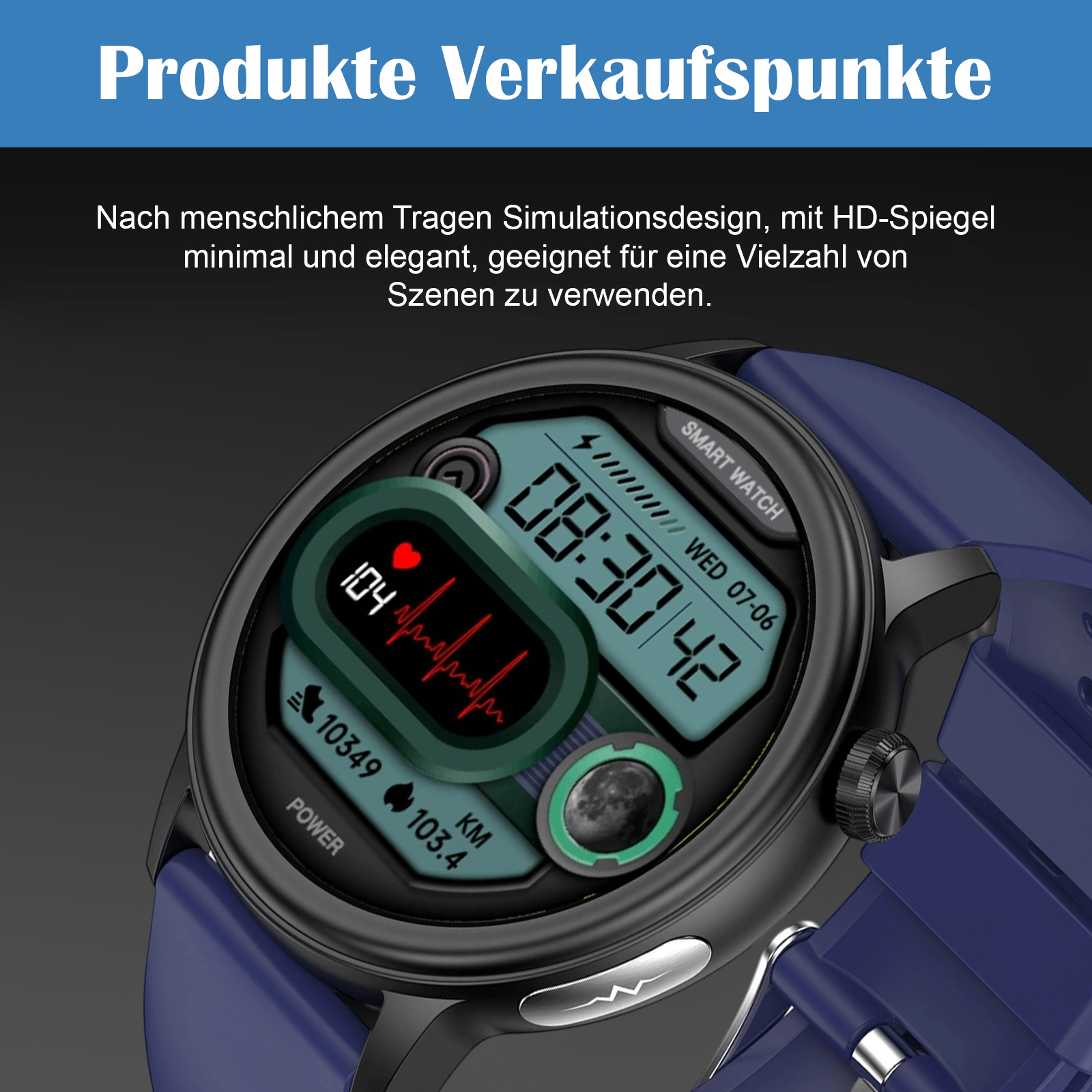 Eine Smartwatch zeigt Gesundheitsdaten mit blauem Armband an. Der Bildschirm zeigt Zeit, Schritte und Herzfrequenzinformationen.