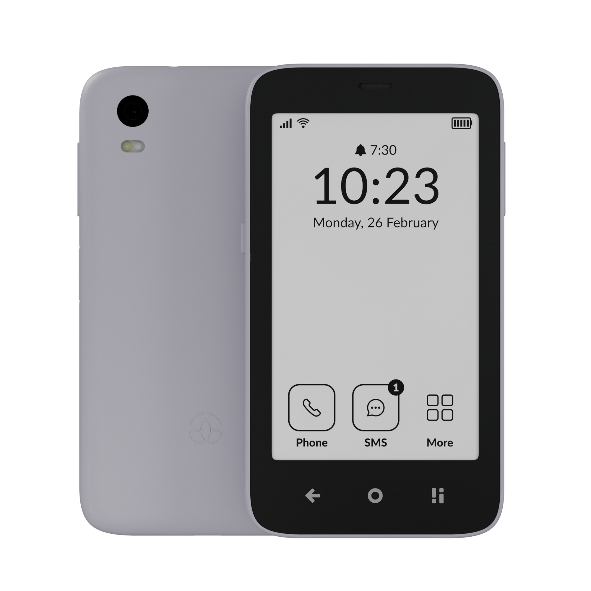 Graues Smartphone mit schwarzem Bildschirm, der Zeit und App-Icons zeigt, weißer Hintergrund.