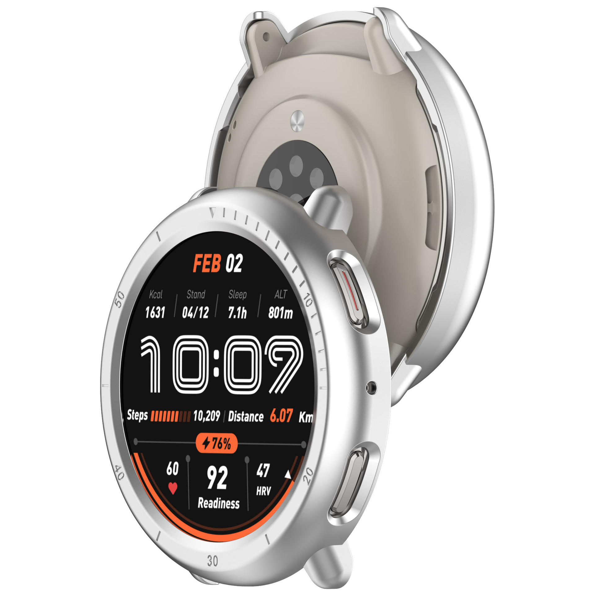 Uno smartwatch argentato con metriche sullo schermo, in una cassa argentata, su sfondo bianco.