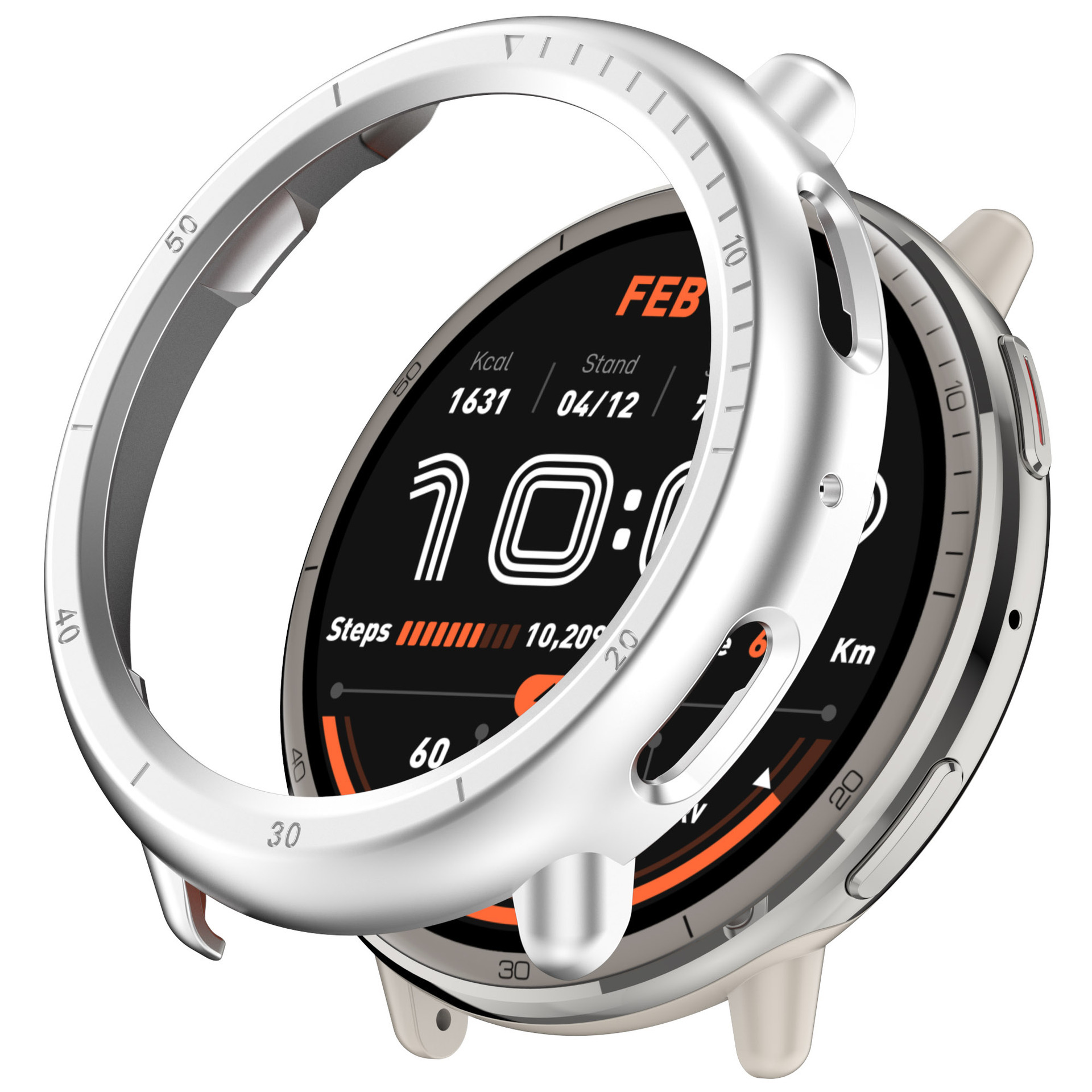 Una lunetta argentata è posta su uno smartwatch. L'orologio mostra l'ora e i dati.