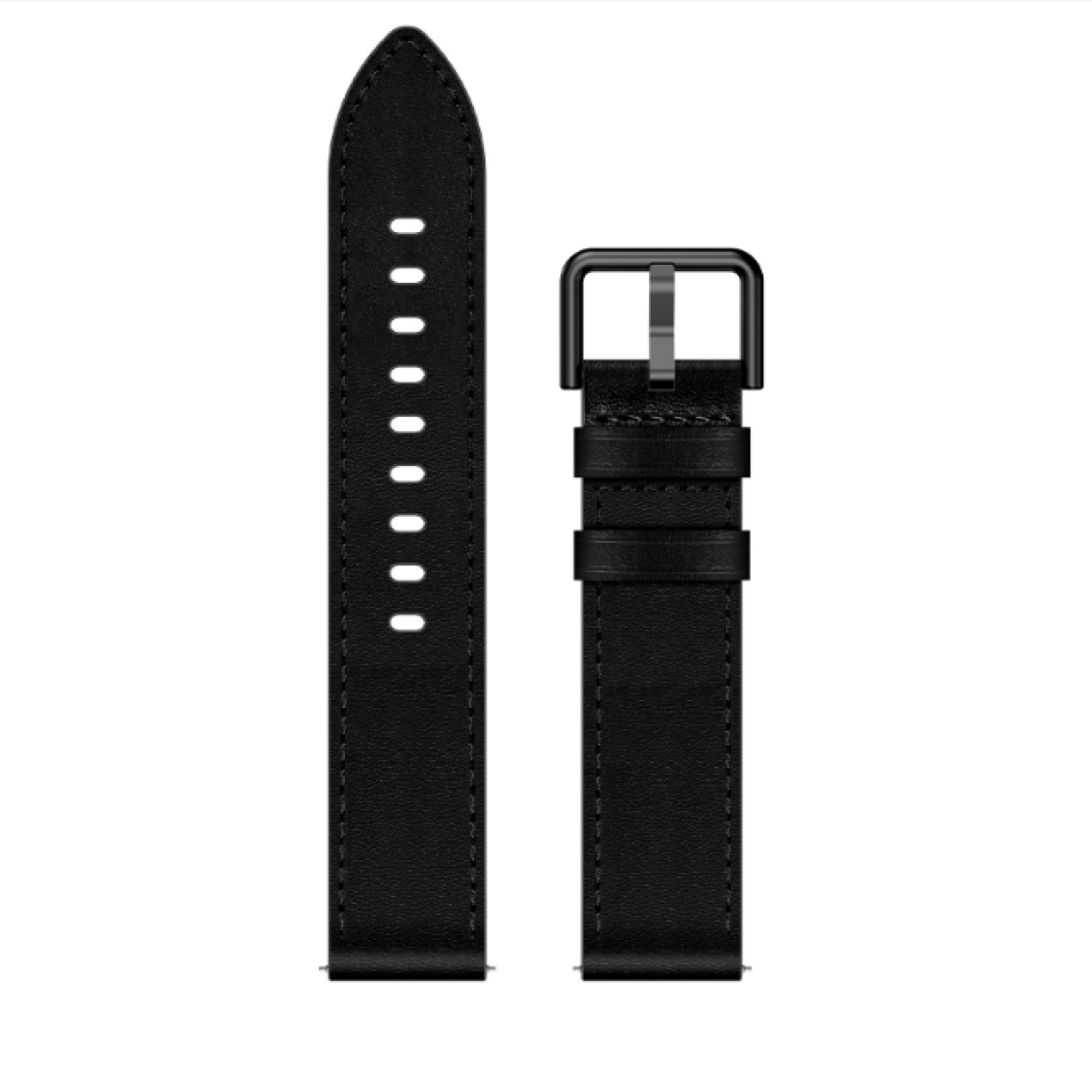 Due cinturini per orologio in pelle nera, uno con fori e l'altro con fibbia.
