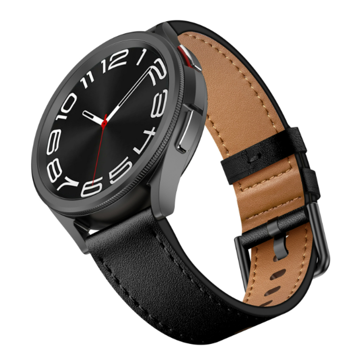 Uno smartwatch nero con cinturino in pelle. Il quadrante ha numeri bianchi e una lancetta dei secondi rossa.