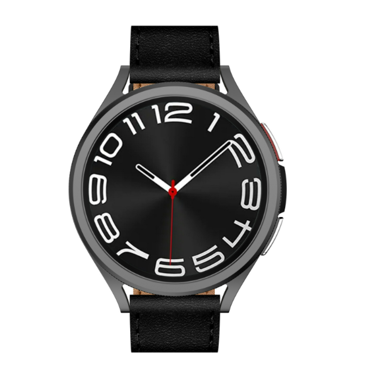 Smartwatch con quadrante nero, numeri bianchi e lancetta dei secondi rossa, con cinturino in pelle nera. L'ora è visibile.