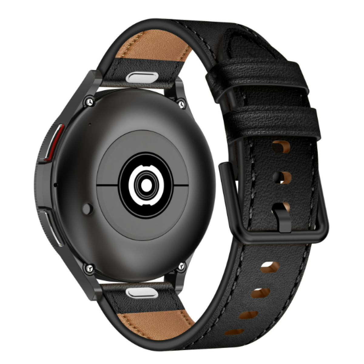 Uno smartwatch nero con cinturino in pelle nera, il retro dell'orologio è visibile.