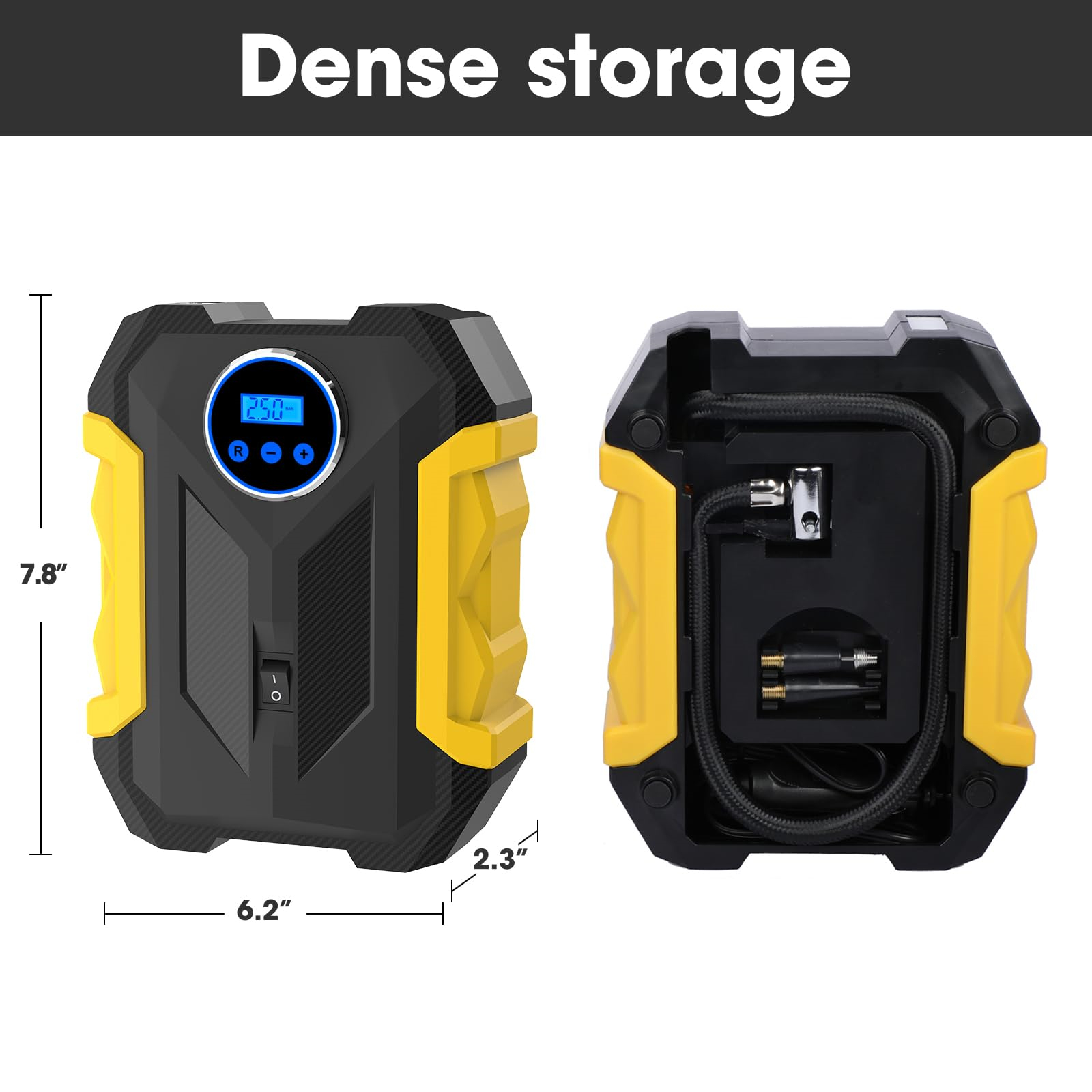 Eine Luftpumpe mit schwarzem und gelbem Design und Abmessungen in Zoll.