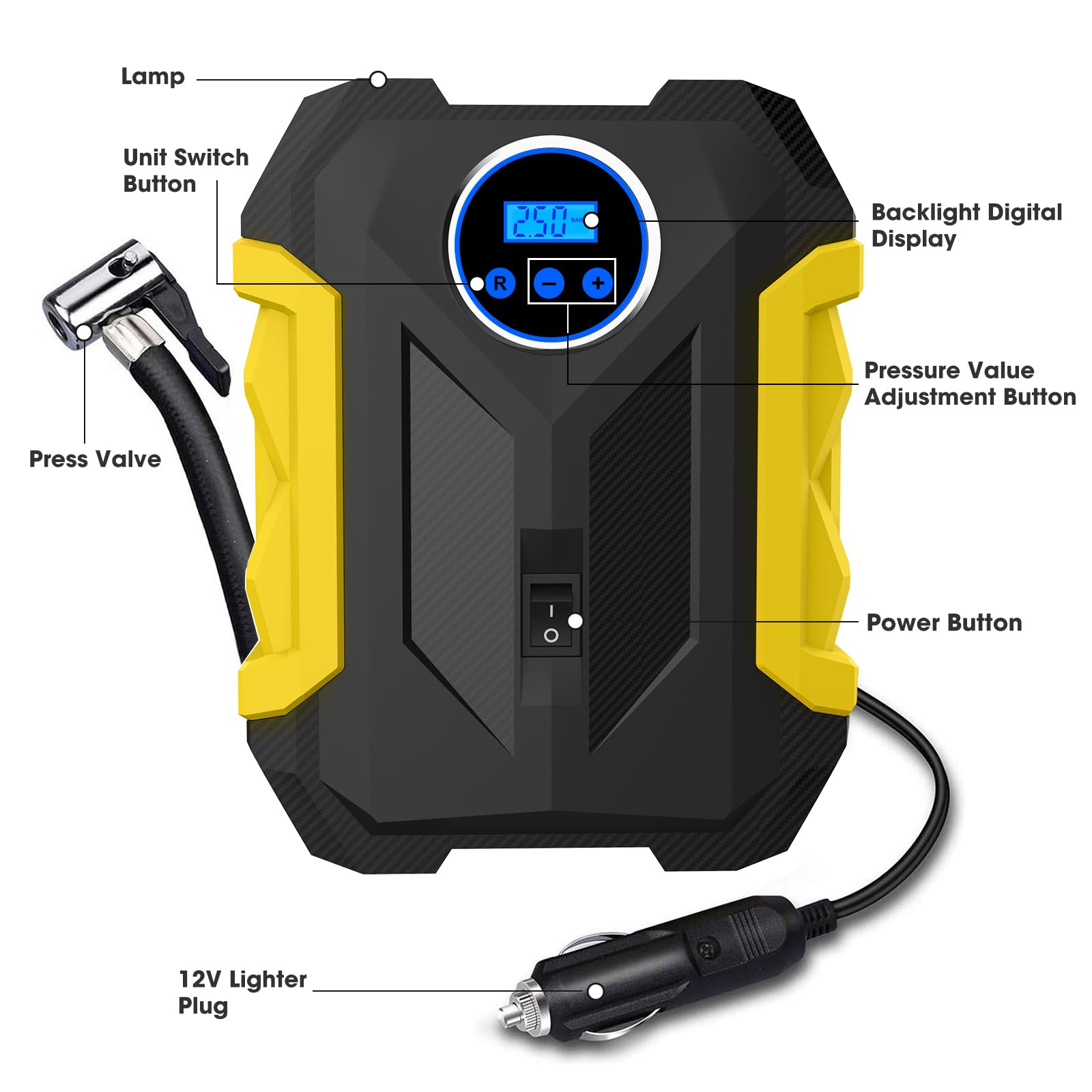 Schwarzer und gelber Autoreifen-Inflator mit Digitalanzeige, die den Druck anzeigt, verbunden mit einem 12V-Stecker.