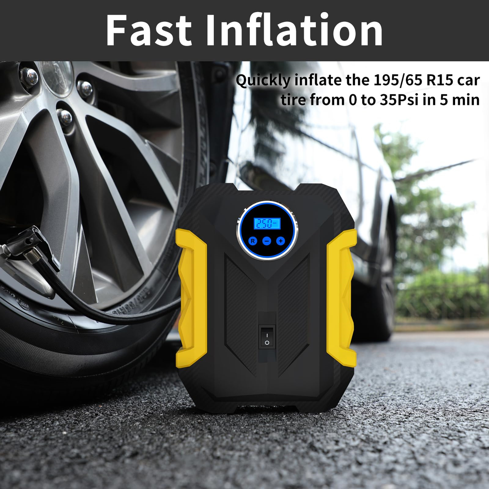 Ein Autoreifen-Inflator in Gebrauch neben einem Autoreifen. Die Digitalanzeige zeigt 2,50 an, mit einem Ein-/Aus-Schalter auf der Vorderseite.