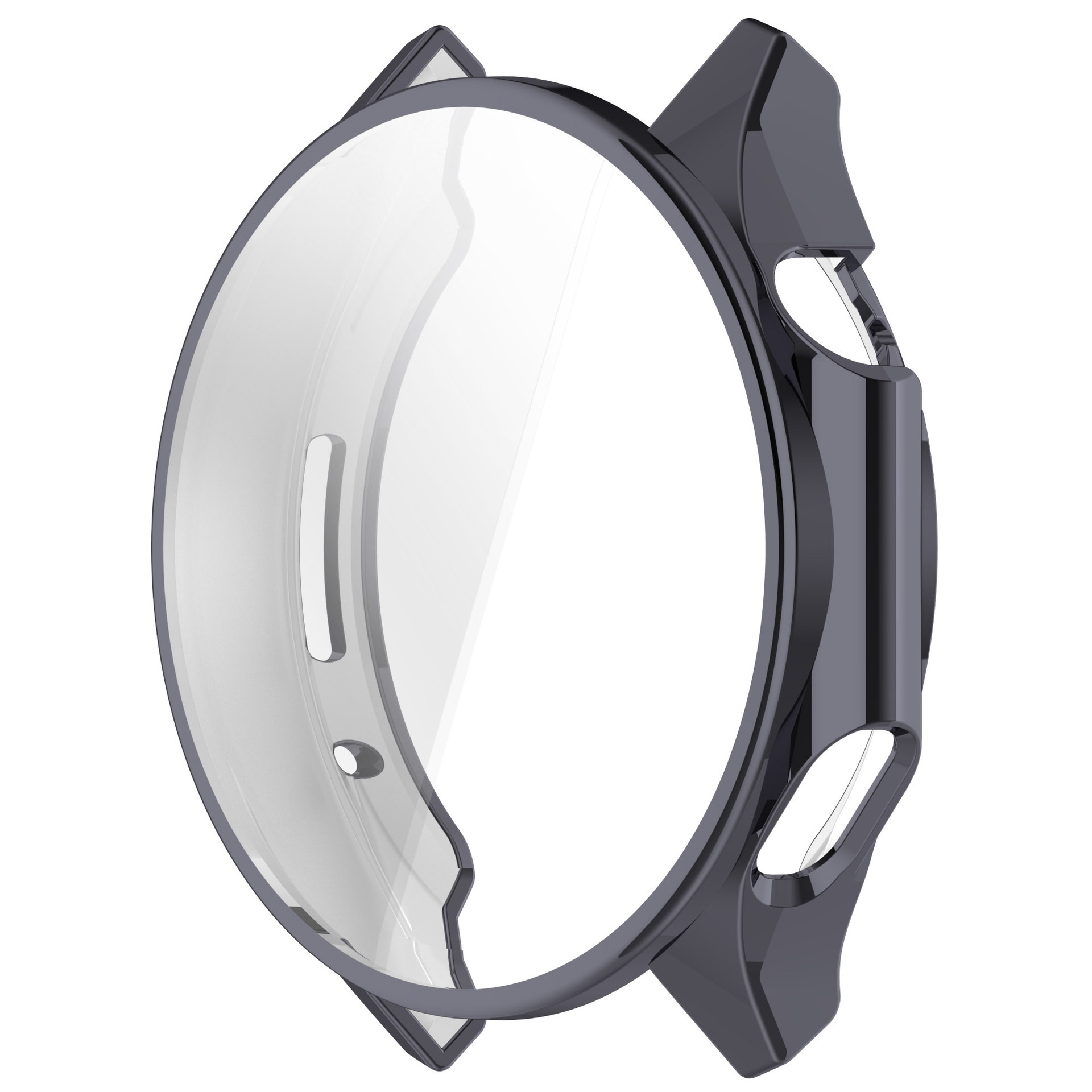 Una cassa per orologio nera con una copertura in plastica trasparente, progettata per proteggere il quadrante. La cassa ha una finitura lucida.