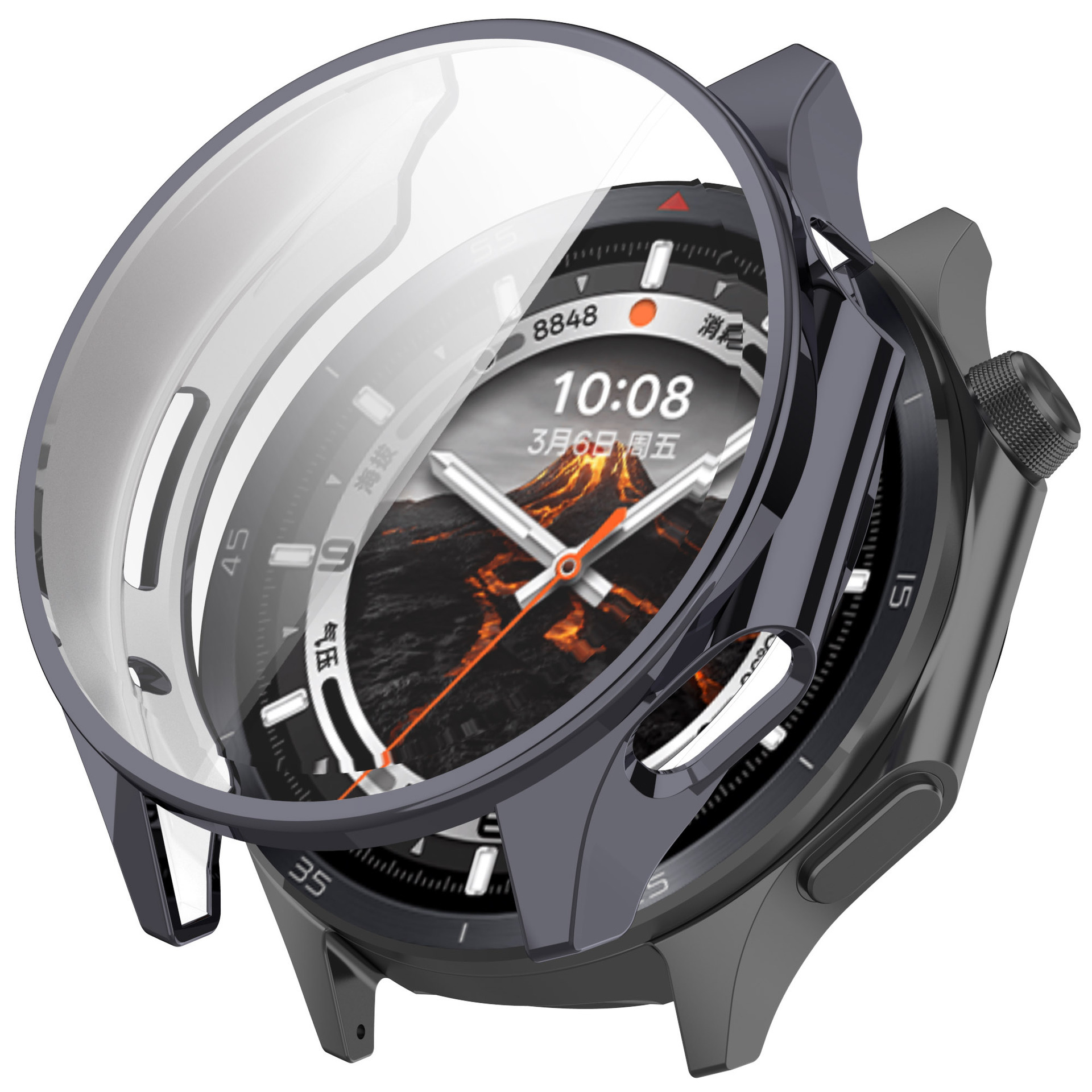 Uno smartwatch con una protezione schermo trasparente, che mostra il quadrante con una montagna e l'ora.