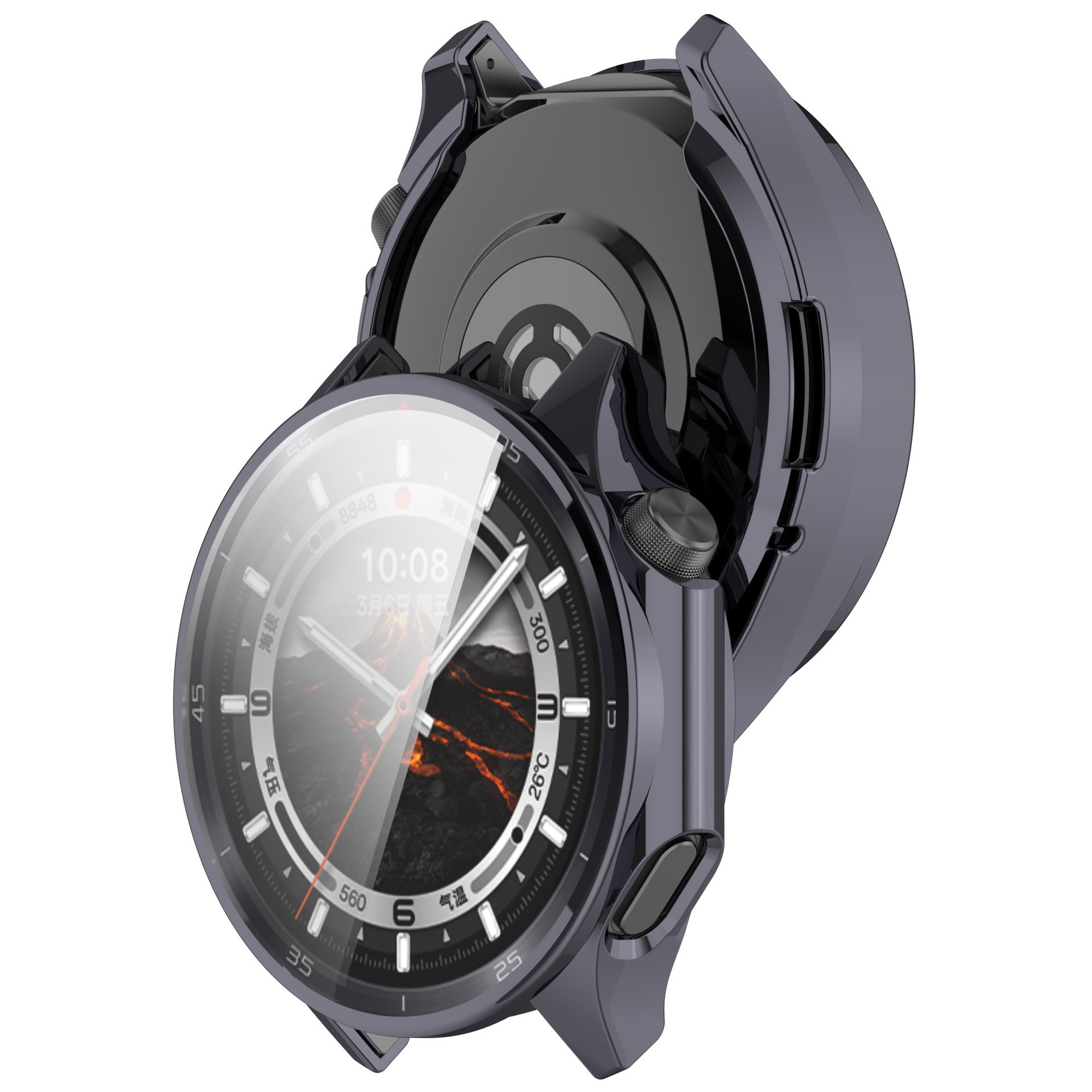 Uno smartwatch con una protezione schermo trasparente, che mostra il quadrante con un vulcano e l'ora.