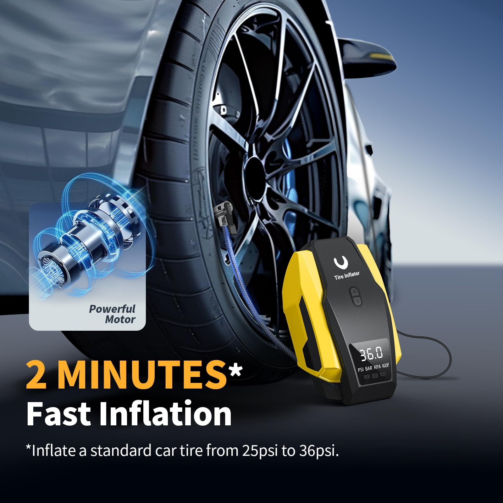 Ein Autoreifen-Inflator neben einem Reifen. Das Bild zeigt den Motor und den Text '2 MINUTEN Schnelles Aufpumpen'.