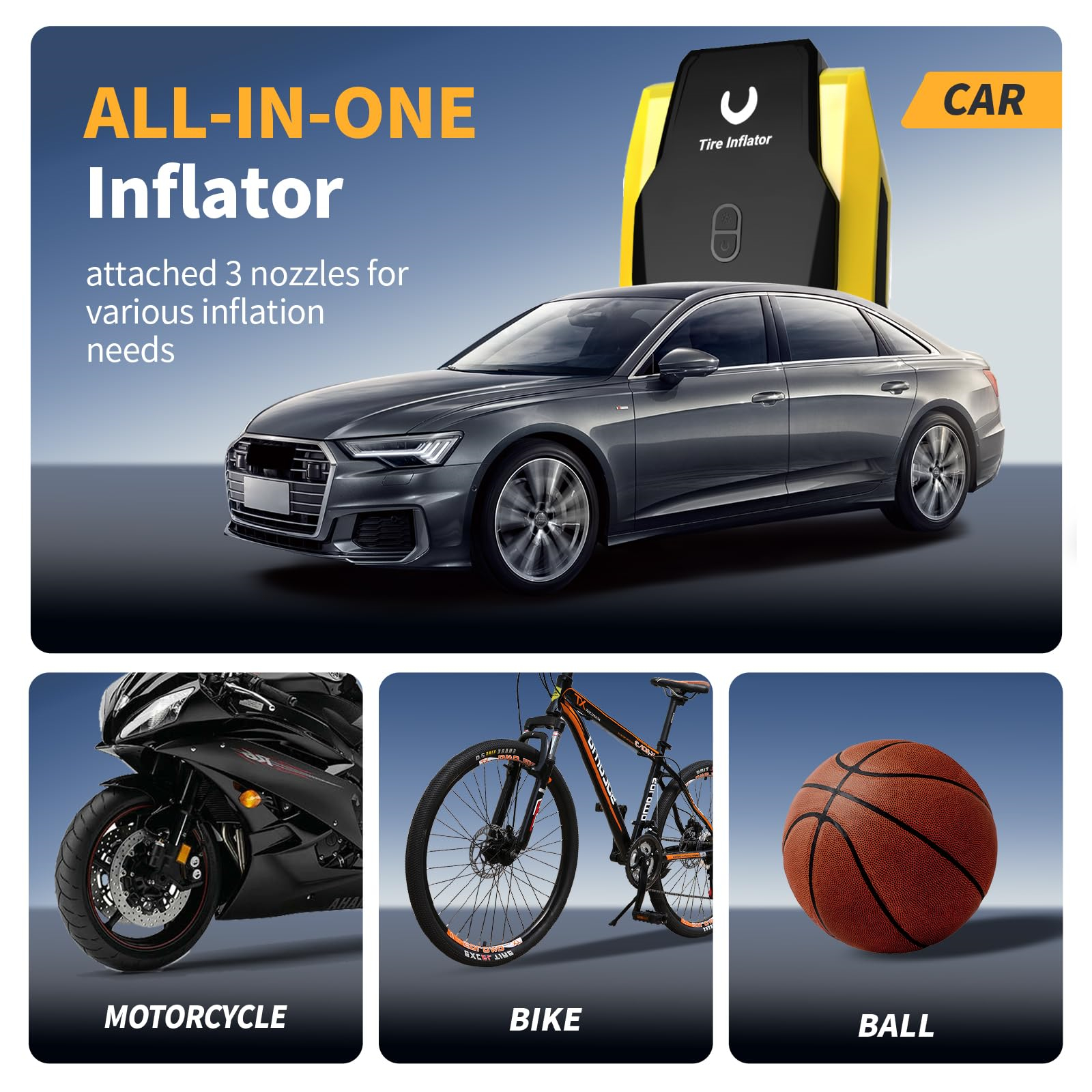 All-in-One-Reifenfüller mit Auto-, Motorrad-, Fahrrad- und Ballgrafiken. Der Füller hat eine angebrachte Düse.