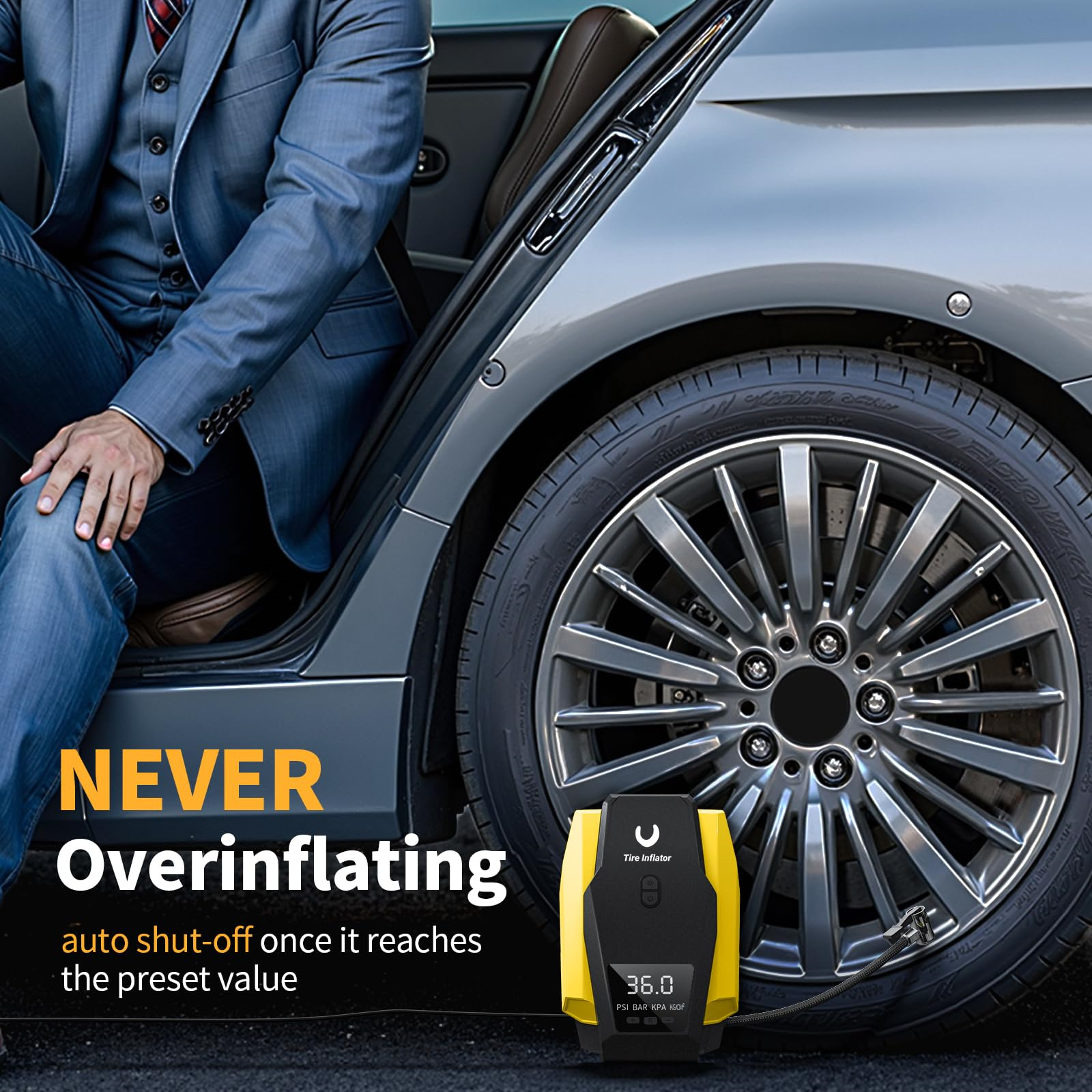 Ein Mann sitzt in einem Auto neben einem Reifenfüller, mit dem Text 'NIEMALS Überfüllen' und automatischer Abschaltung.
