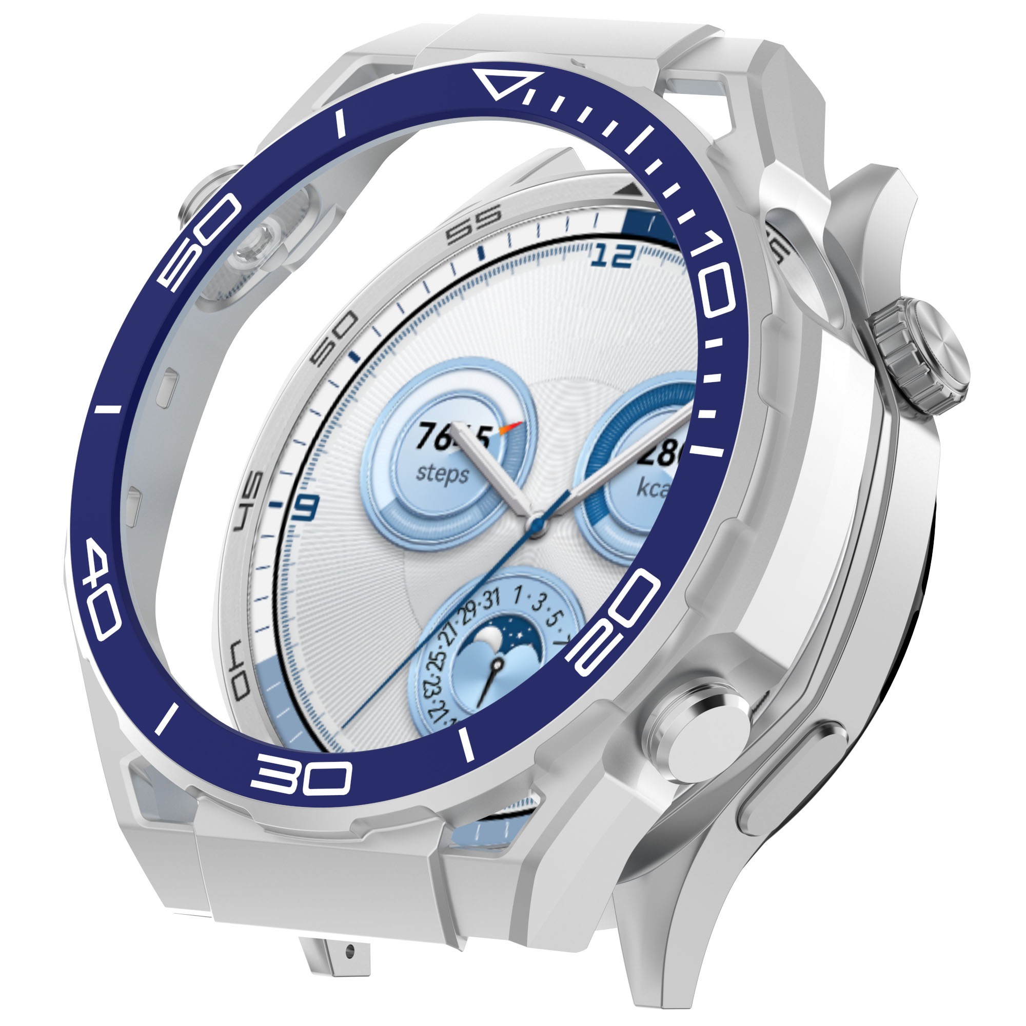 Una cassa per smartwatch bianca con lunetta blu. L'orologio mostra dati sullo schermo.