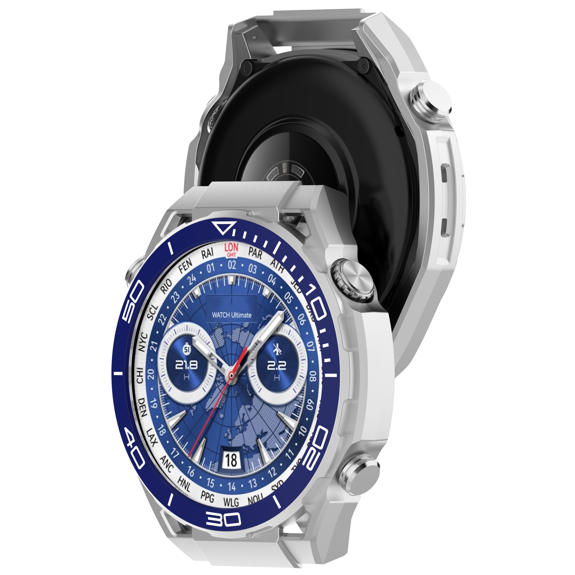 Uno smartwatch argento con quadrante blu e bianco. Mostra i fusi orari mondiali e altre funzioni.
