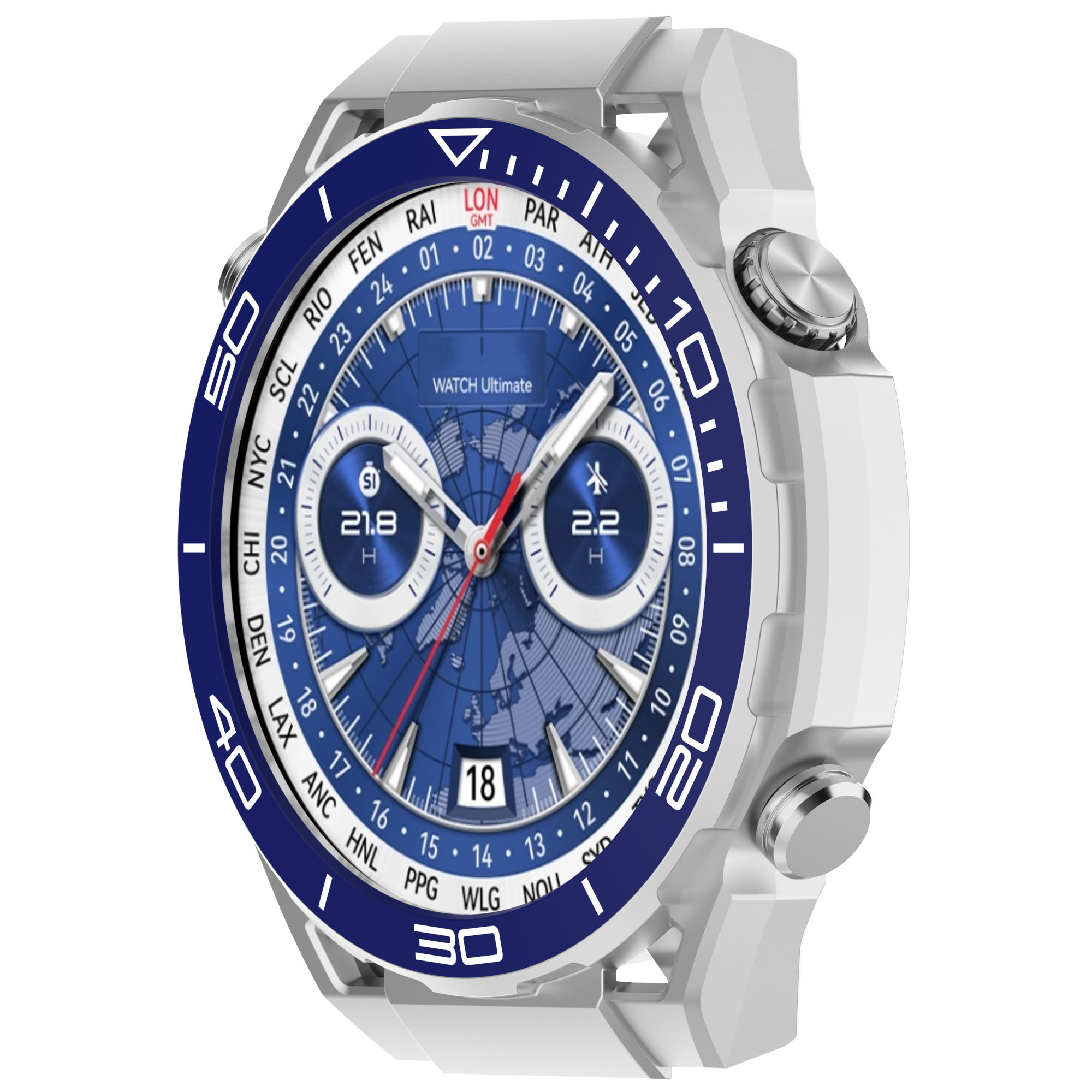 Uno smartwatch bianco e blu. Il quadrante mostra una mappa e vari punti dati.
