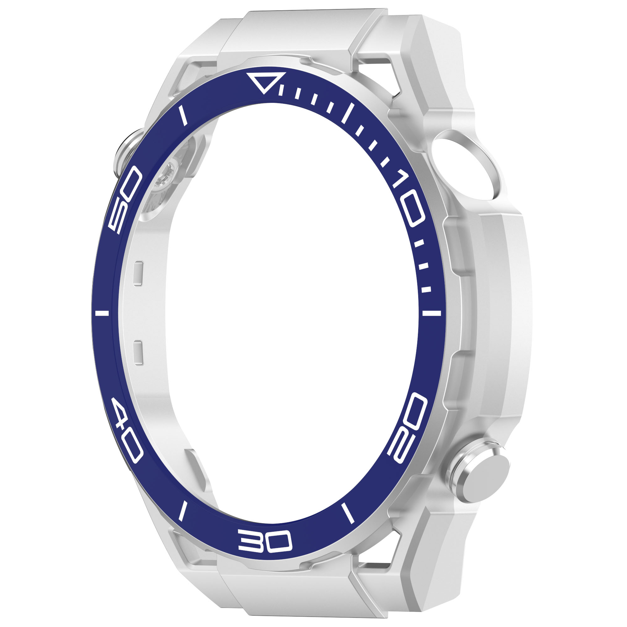 Una cassa per orologio bianca con lunetta blu. I numeri sono visualizzati sulla lunetta blu.