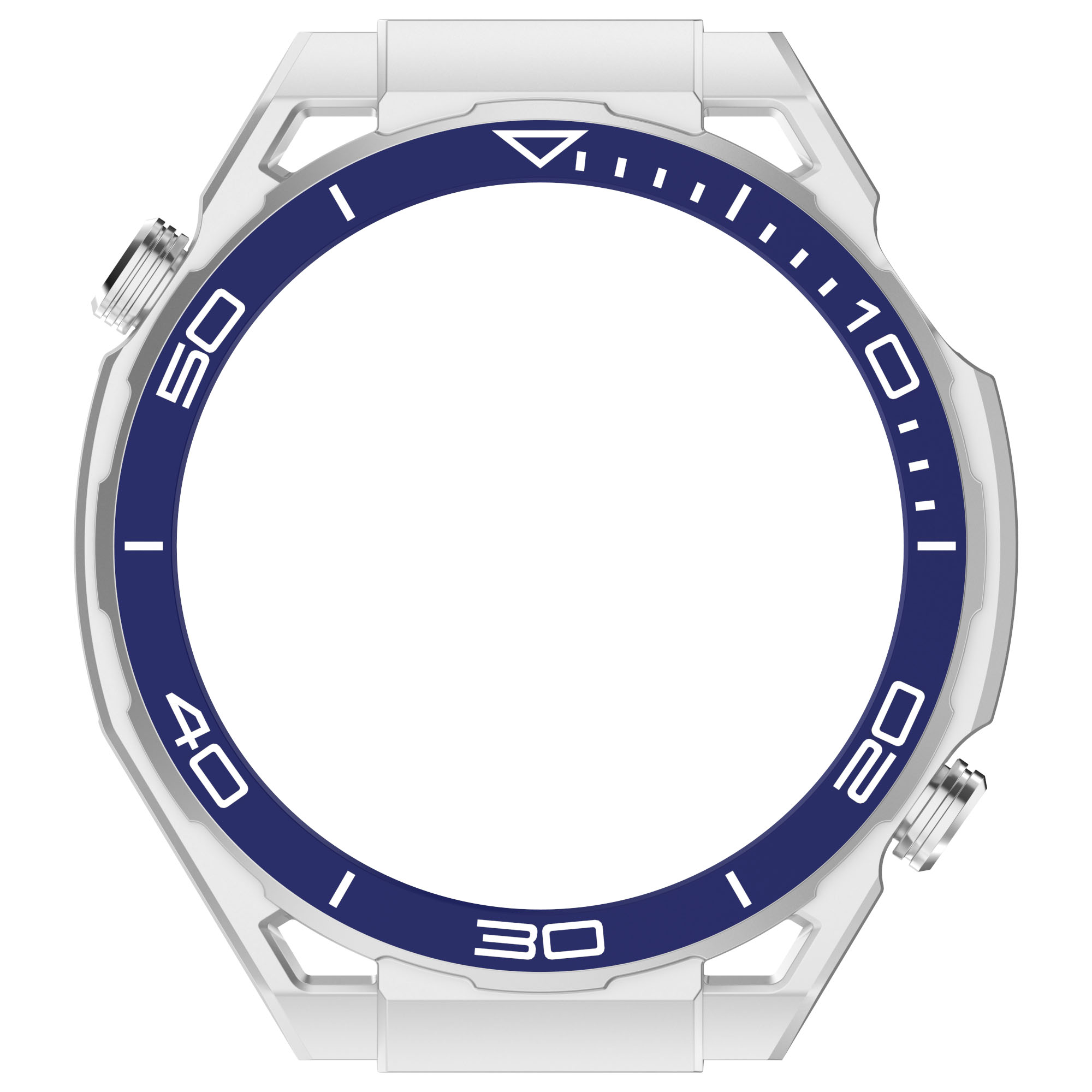 Una cassa per orologio bianca con lunetta blu. I numeri sono visualizzati sulla lunetta blu.