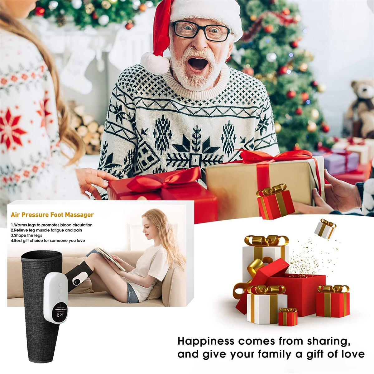 Ein Mann mit Weihnachtsmütze ist aufgeregt. Eine Frau und Geschenke sind im Hintergrund. Ein Beinmassagegerät.