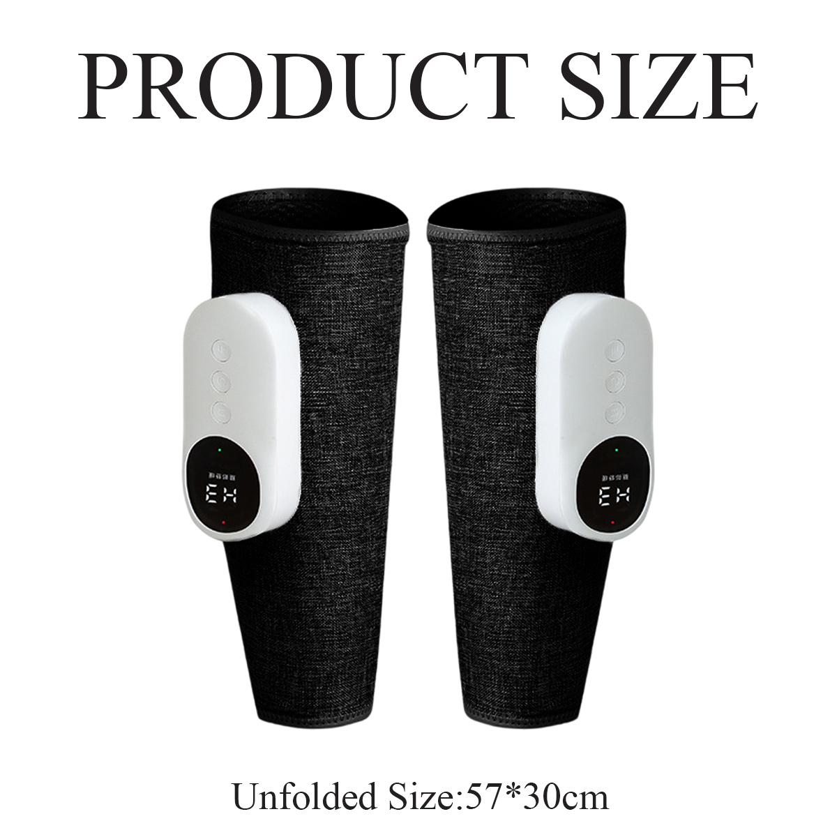 Zwei schwarze Beinwickel mit weißen Bedienfeldern. Der Text lautet 'PRODUCT SIZE' und 'Unfolded Size:57*30cm'.