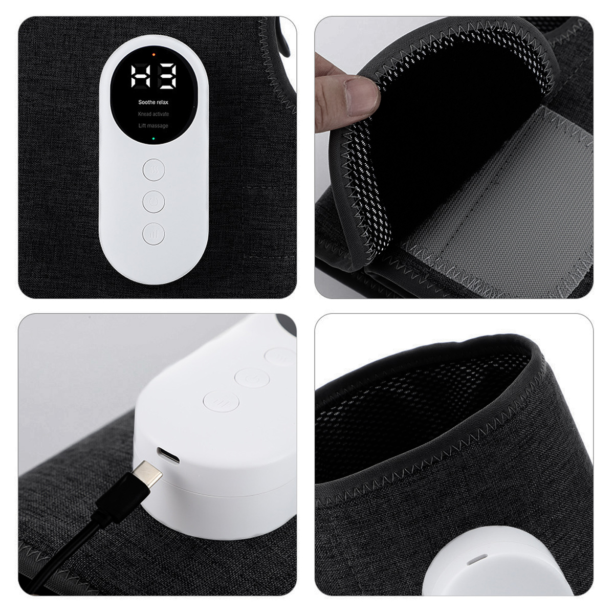 Nahaufnahmen einer schwarzen Beinbandage mit weißem Bedienfeld. Das Bedienfeld und ein USB-Ladeanschluss werden gezeigt.