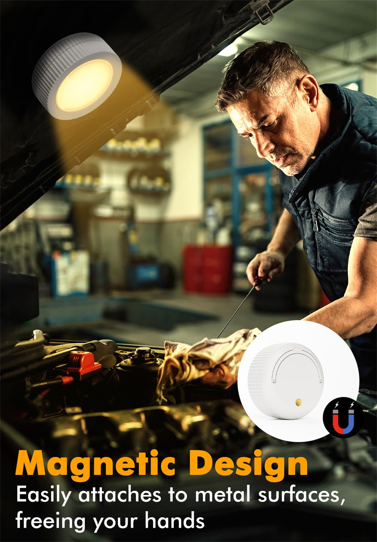 Ein Mann arbeitet an einem Automotor. Ein magnetisches Licht leuchtet den Motor aus.