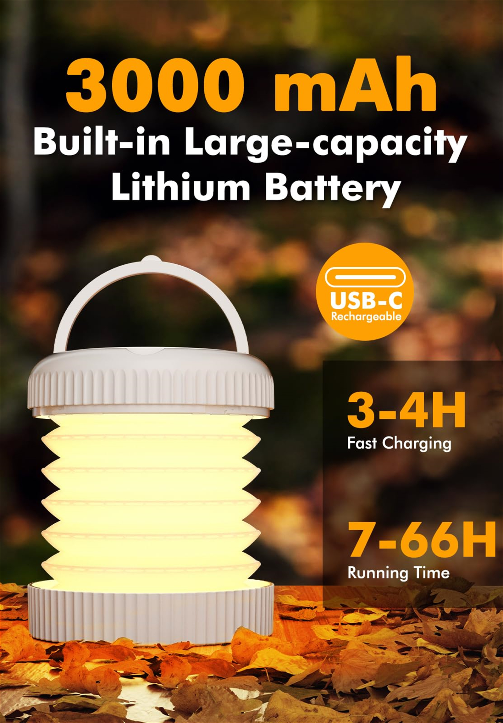 Eine weiße Laterne mit Griff leuchtet, mit Text über Batteriekapazität und Laufzeit, und einem Laub-Hintergrund.