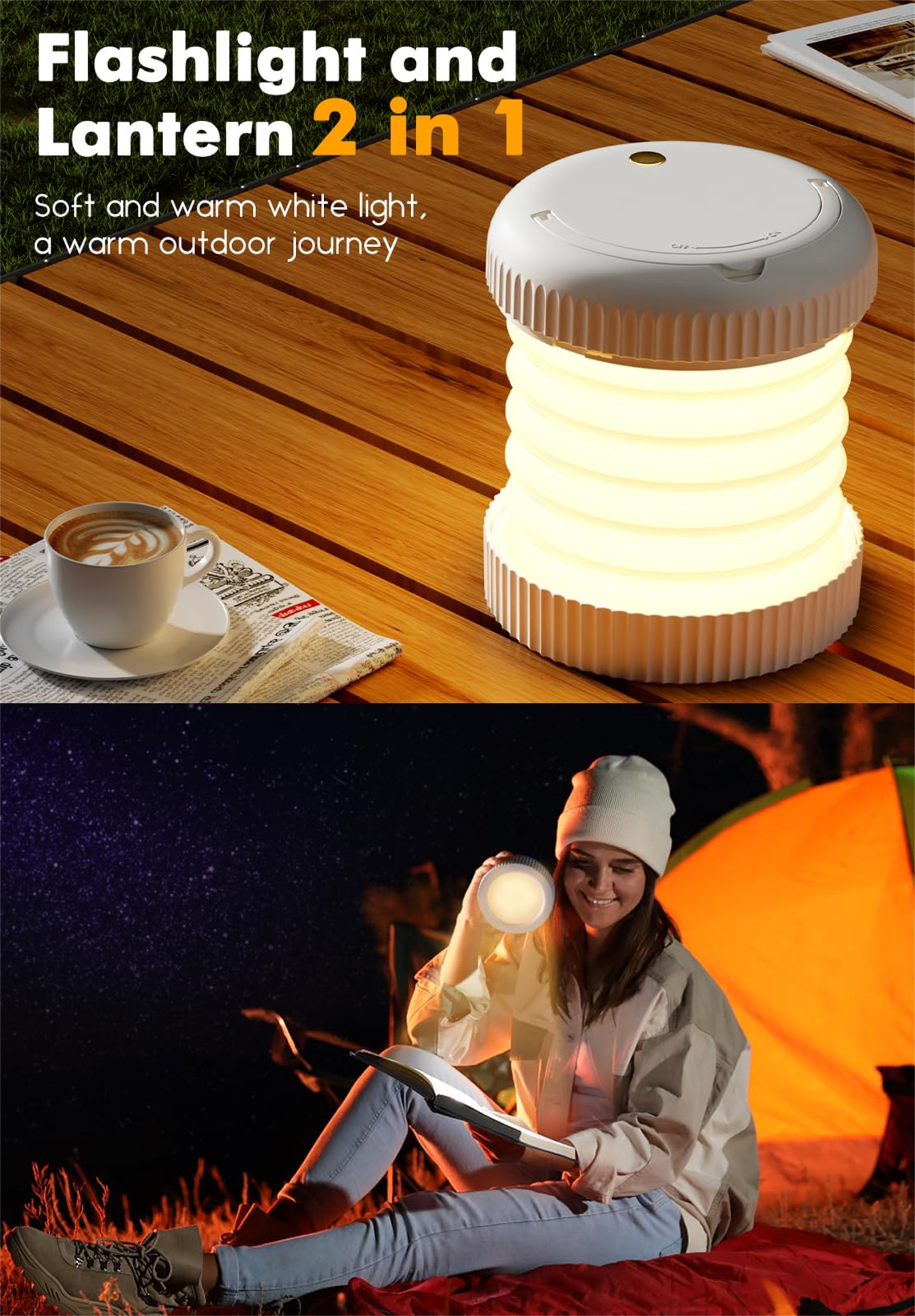 Eine weiße Laterne mit einem Wellendesign auf einem Holztisch und eine Frau, die ein Buch in der Nähe eines Zeltes mit einer Taschenlampe liest.
