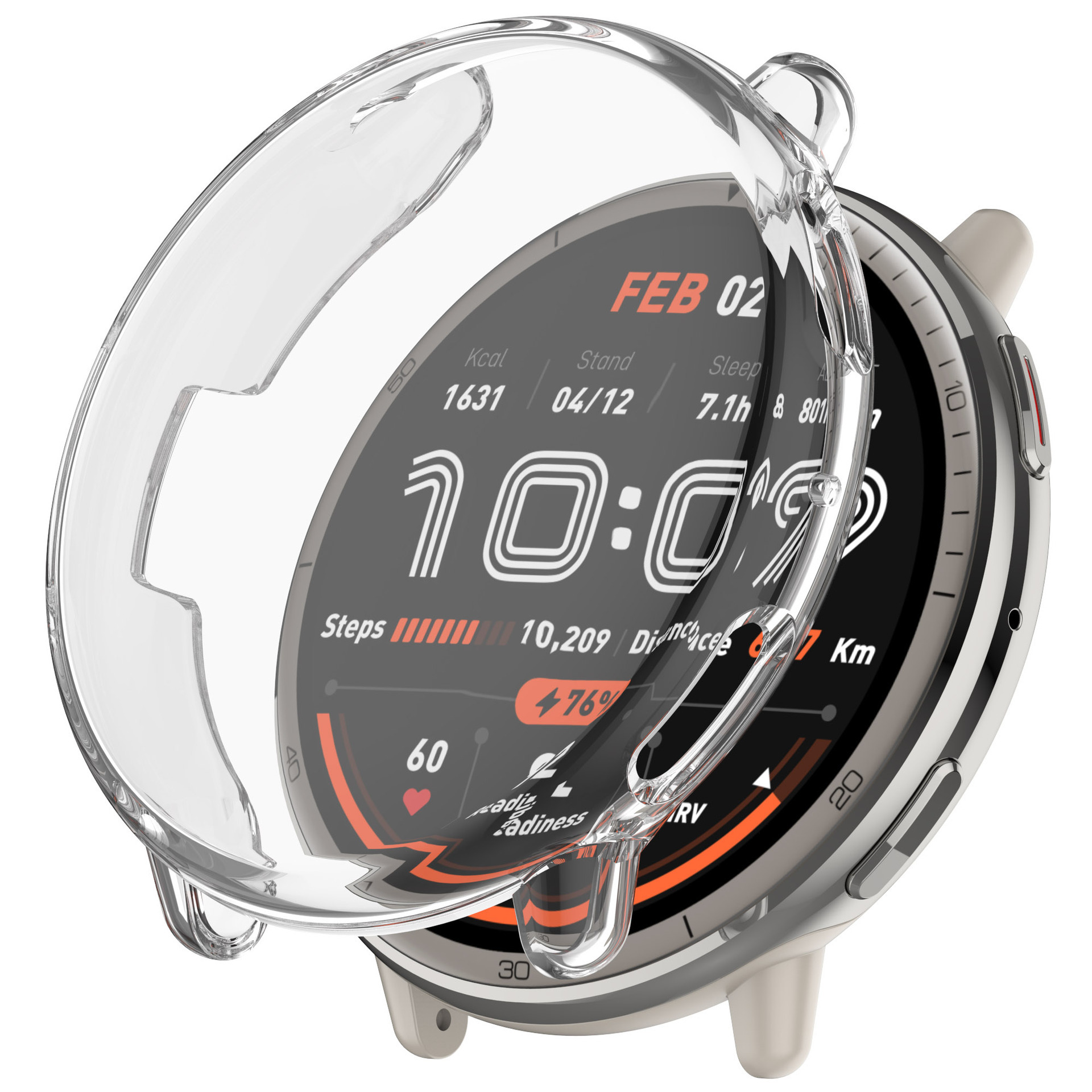 Un reloj inteligente con una cubierta protectora transparente. La esfera del reloj muestra la hora, los pasos, la preparación y otras métricas de salud.