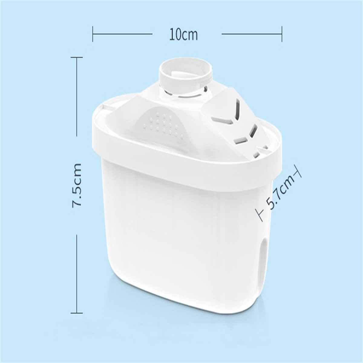 Ein weißer Wasserfilter mit Maßangaben. Der Filter ist weiß mit gewölbter Oberseite und rechteckigem Körper.