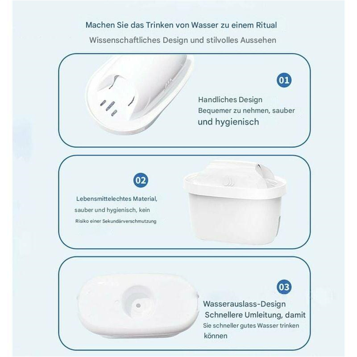 Drei Diagramme, die einen Wasserfilter und seine Teile sowie die Vorteile der Verwendung des Filters zeigen.