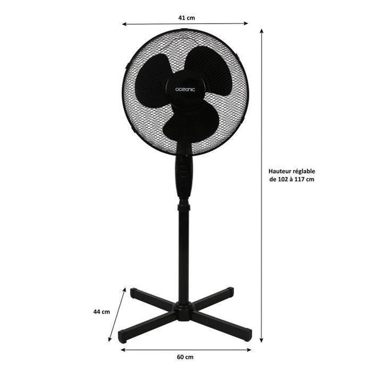 Ein schwarzer Standventilator, mit Abmessungen und Textbeschriftungen für Höhe und Breite, auf weißem Hintergrund.