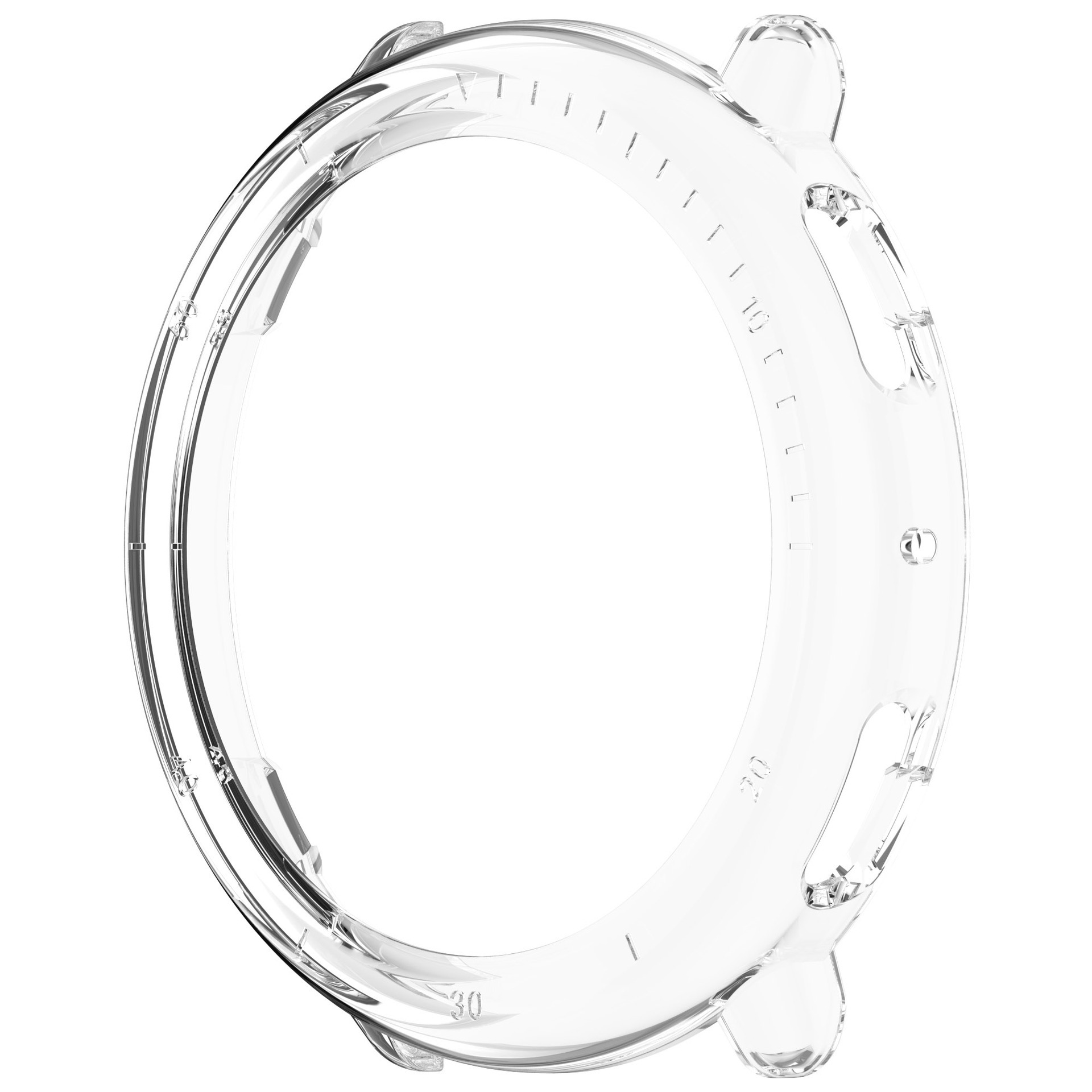 Una cassa dell'orologio trasparente. È circolare e presenta segni sul bordo. È trasparente.