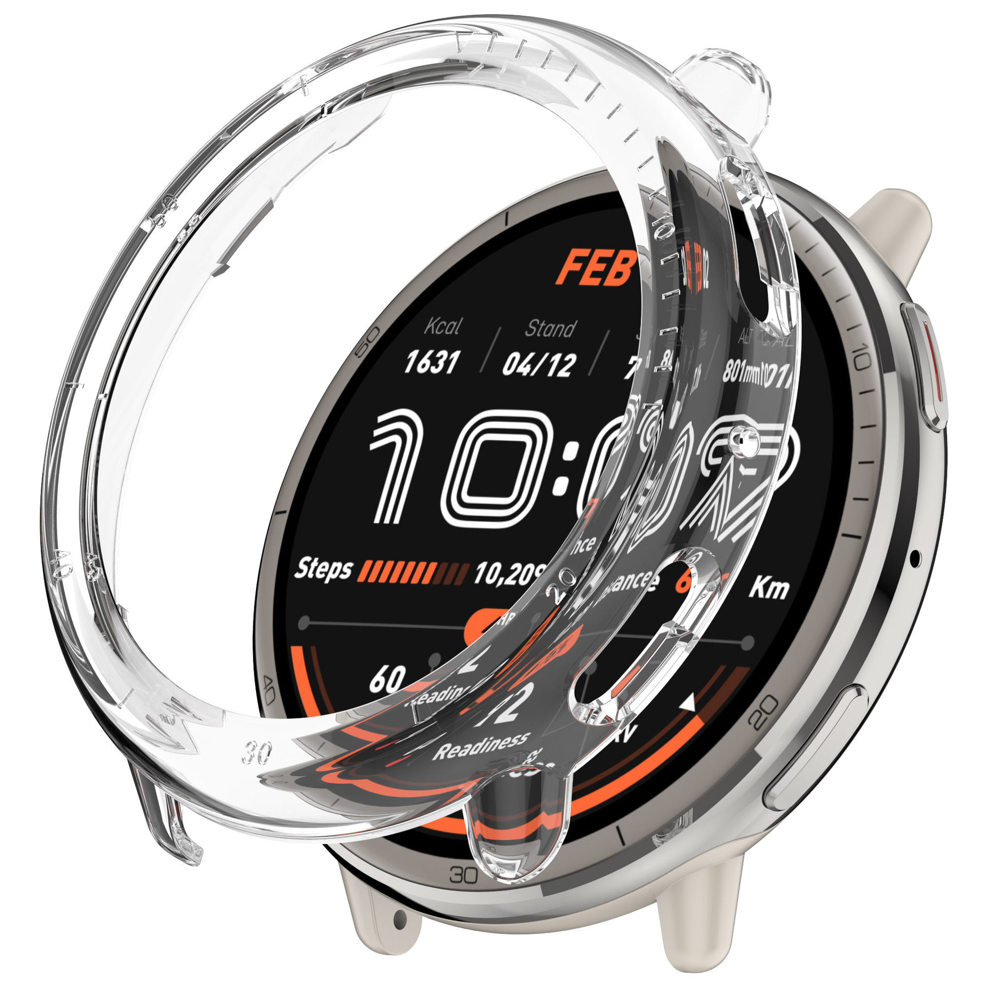 Uno smartwatch con custodia trasparente. Lo schermo mostra dati e ora. L'orologio è argento e nero.