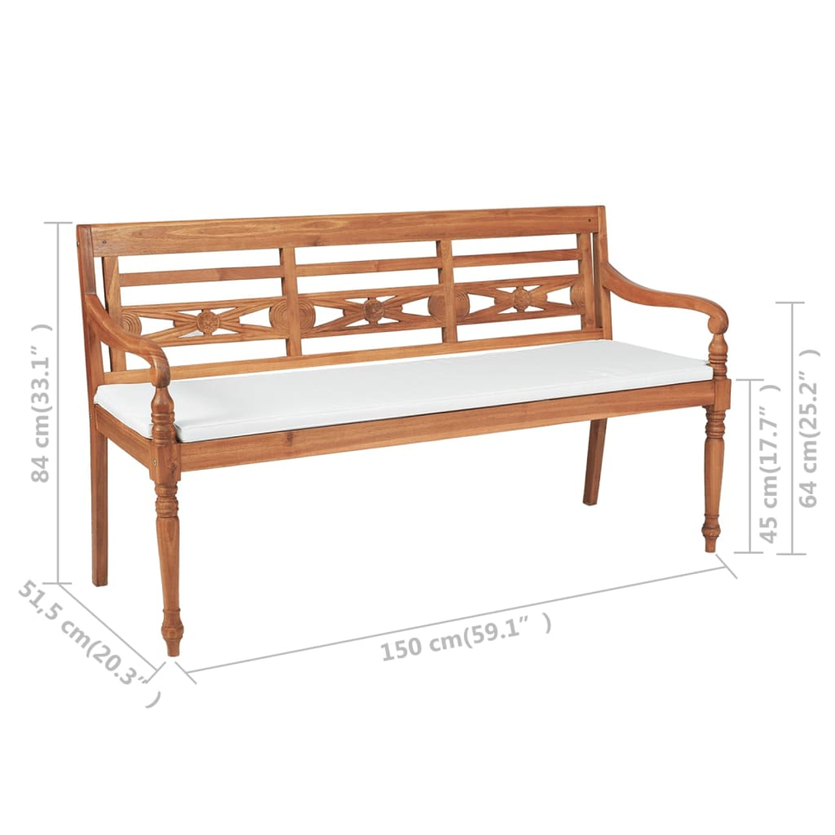 Panca in legno con cuscino bianco. Le dimensioni sono visualizzate. Ha schienale e braccioli decorativi.