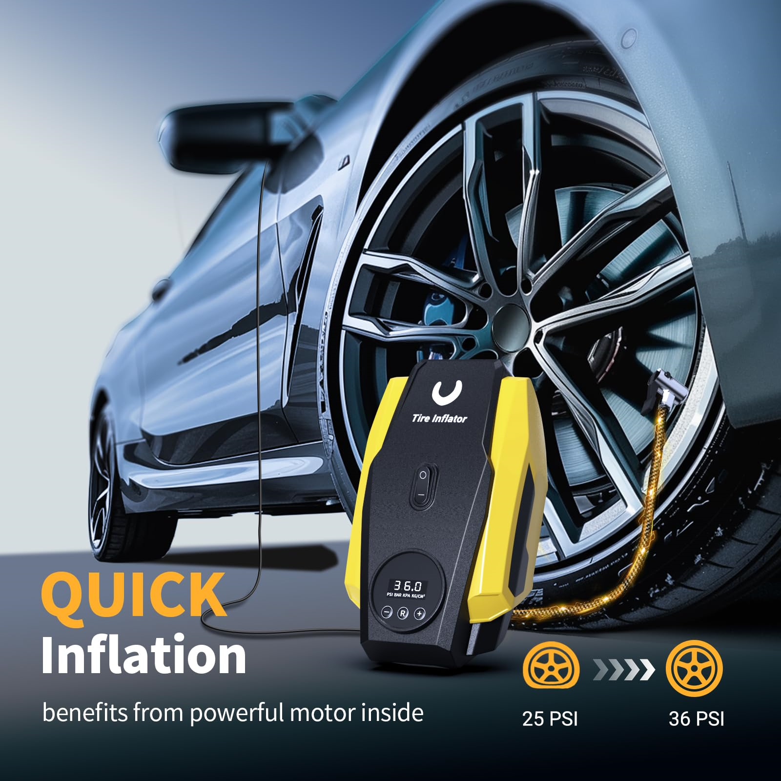 Gelb-schwarzer Reifenfüller neben Autoreifen. Text: 'QUICK Inflation' und PSI-Werte.