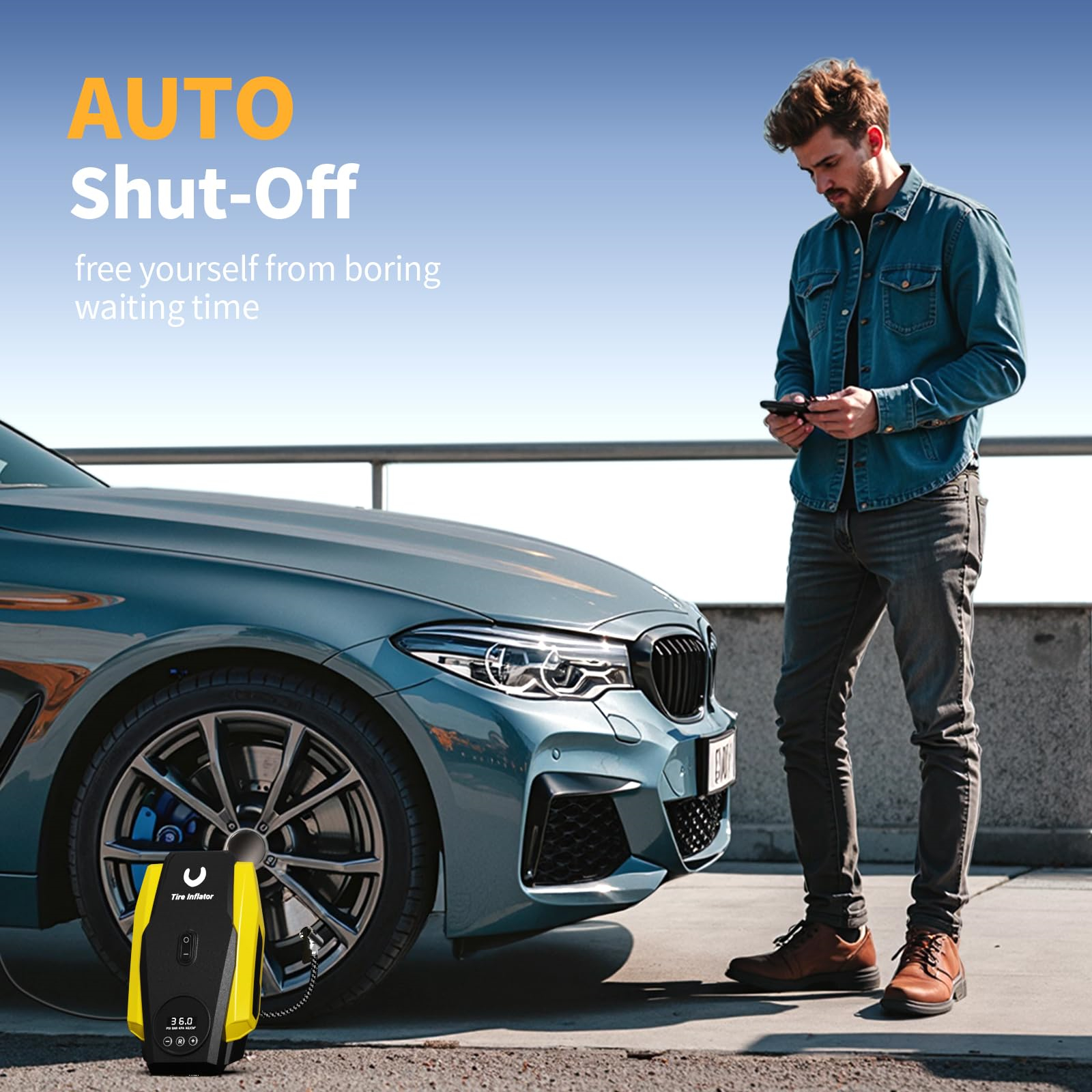 Mann benutzt Telefon neben Autoreifen und gelber Luftpumpe. Text überlagert: 'AUTO Shut-Off' und 'waiting time'.