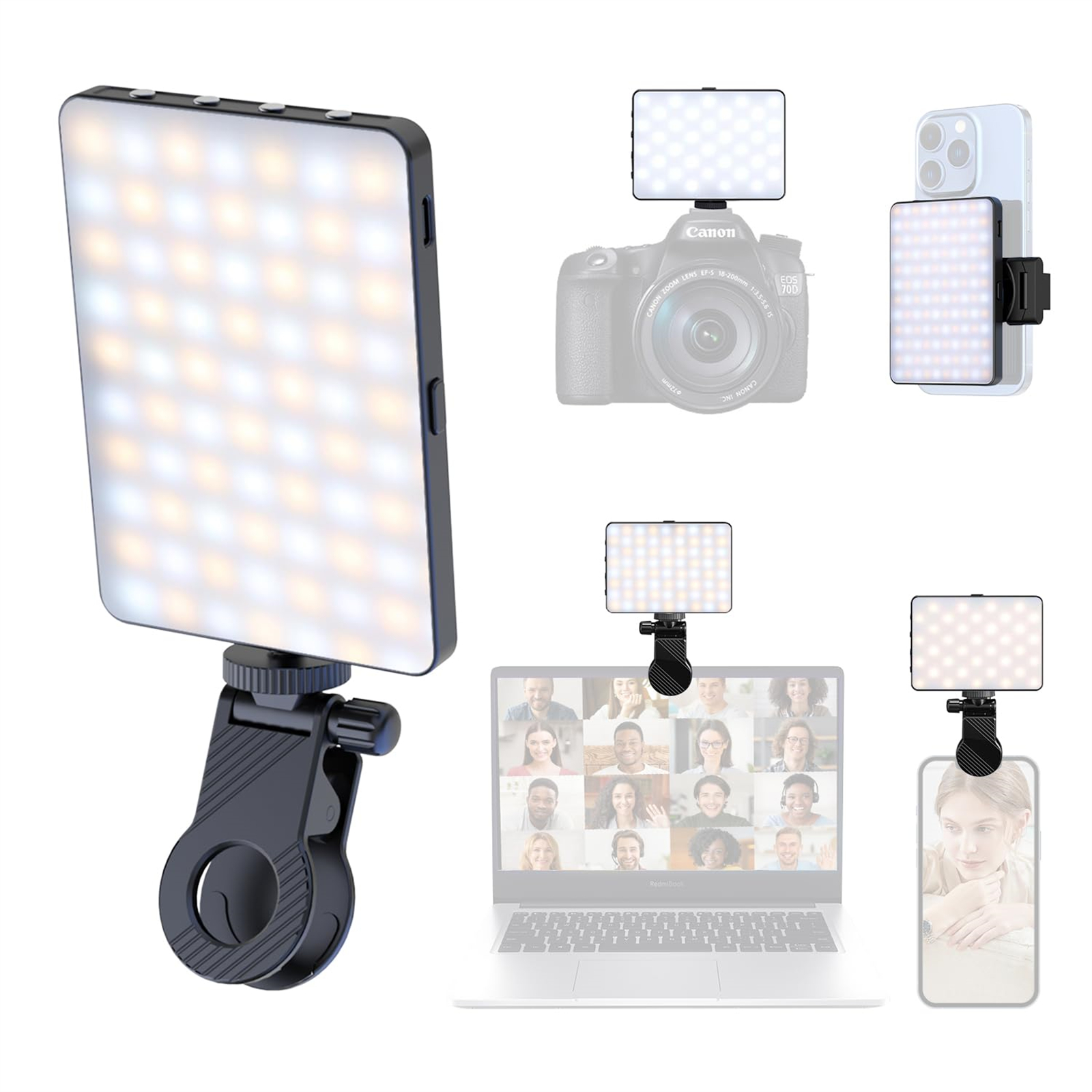 Mehrere Setups eines LED-Lichts für verschiedene Geräte. Gezeigt mit Telefon, Laptop und Kamera.