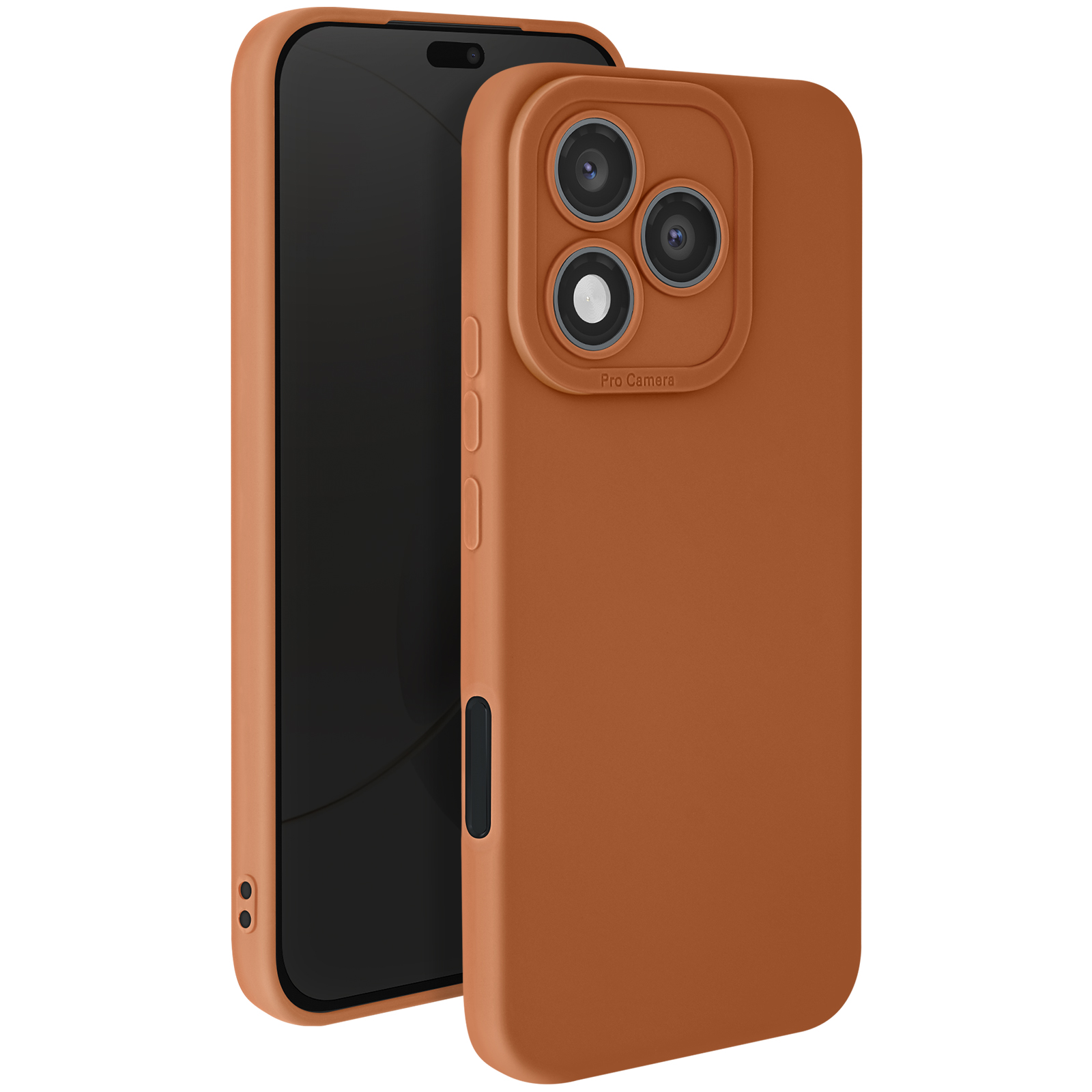 Custodia arancione per telefono con protezione fotocamera. Il telefono è dentro, con tre lenti visibili.