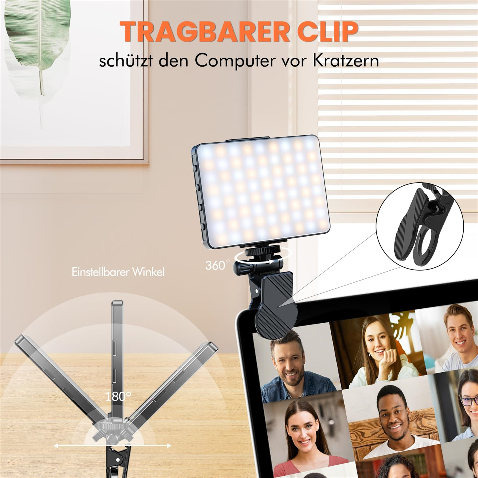 Ein Licht wird an ein Tablet geklemmt. Eine Person telefoniert mit mehreren Personen. Text: TRAGBARER CLIP.