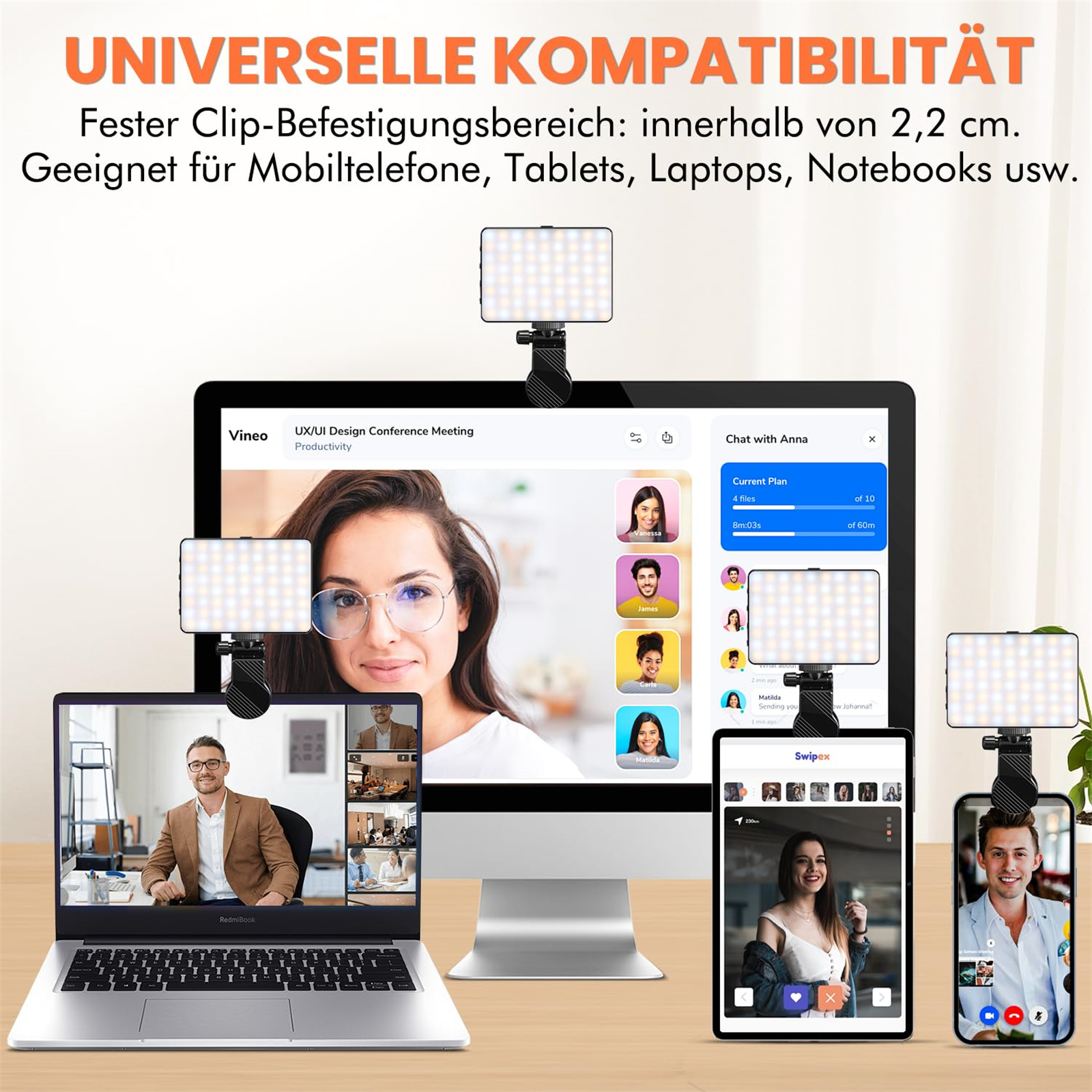 Lichter an Geräten in einem Konferenzraum befestigt. Text: UNIVERSELLE KOMPATIBILITÄT. Mehrere Bildschirme sichtbar.