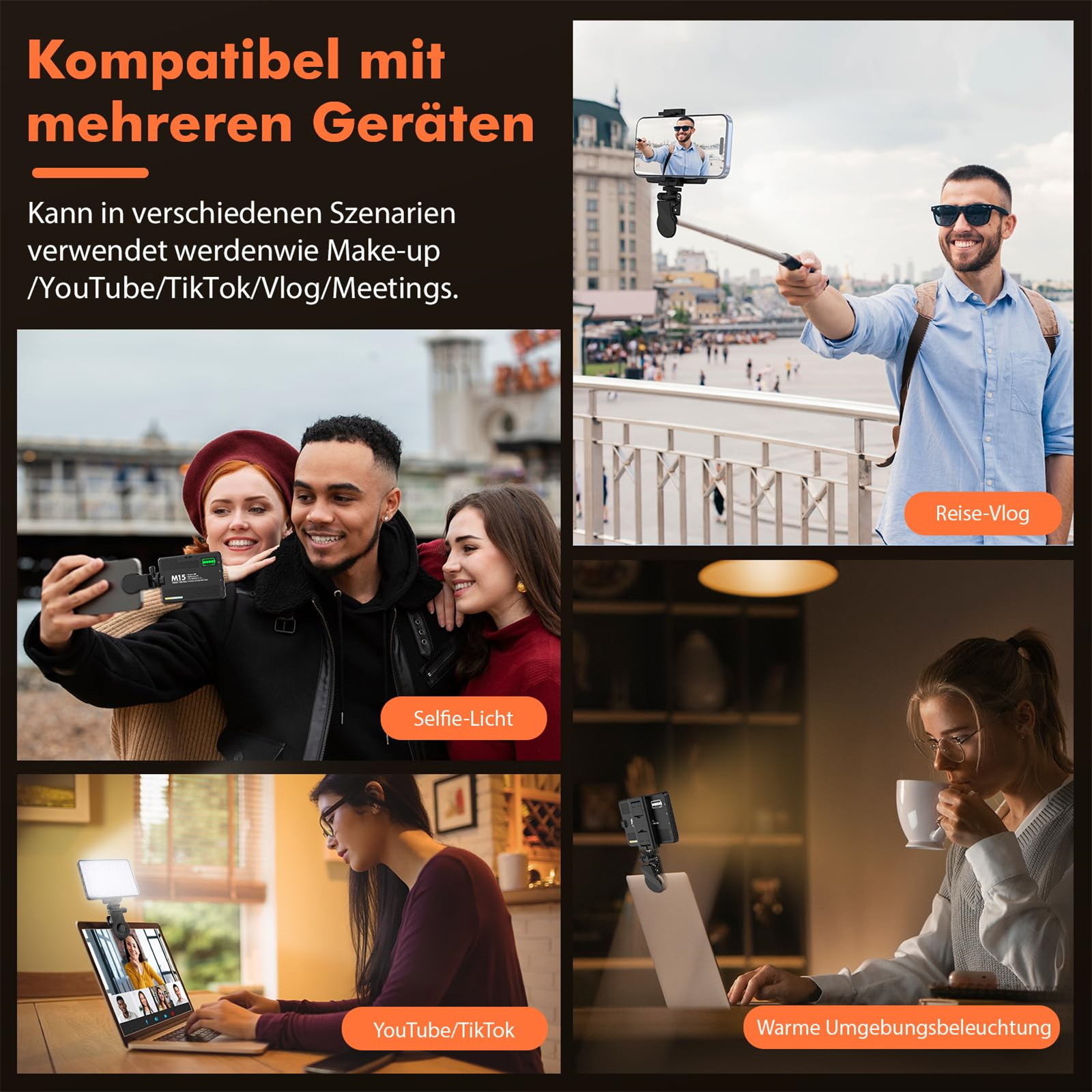 Das Bild zeigt Szenarien eines Selfie-Lichts, das mit Telefonen verwendet wird. Personen machen Selfies, vloggen und nutzen es mit Laptops.