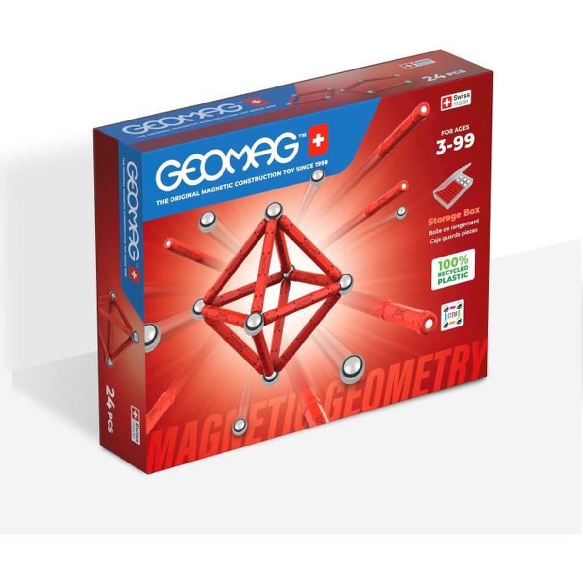 Geomag-Box mit magnetischem Konstruktionsspielzeug für Kinder von 3–99 Jahren.