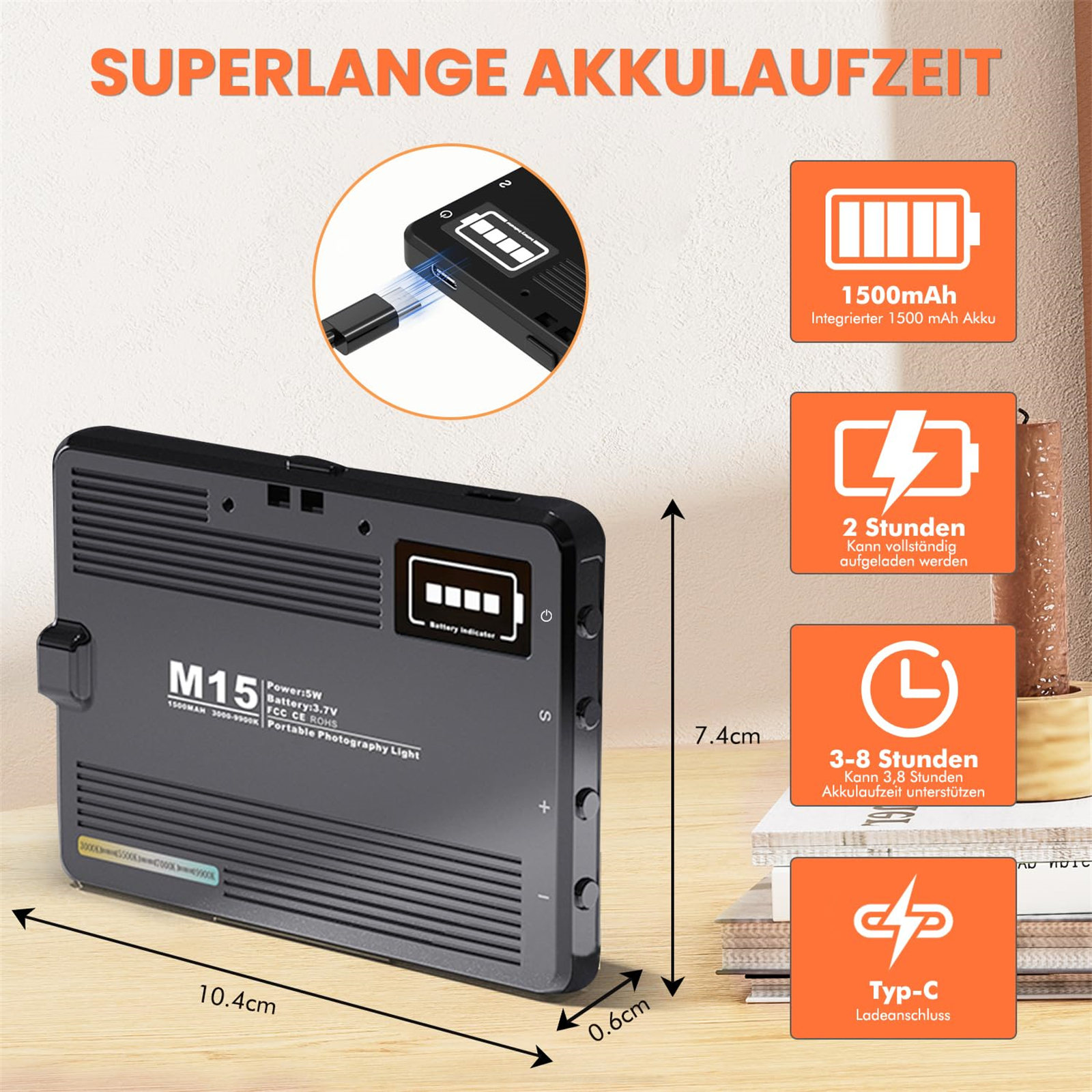 Das Bild zeigt ein tragbares Licht mit Abmessungen. Text weist darauf hin, dass das Licht einen Akku und einen USB-C-Ladeanschluss hat.