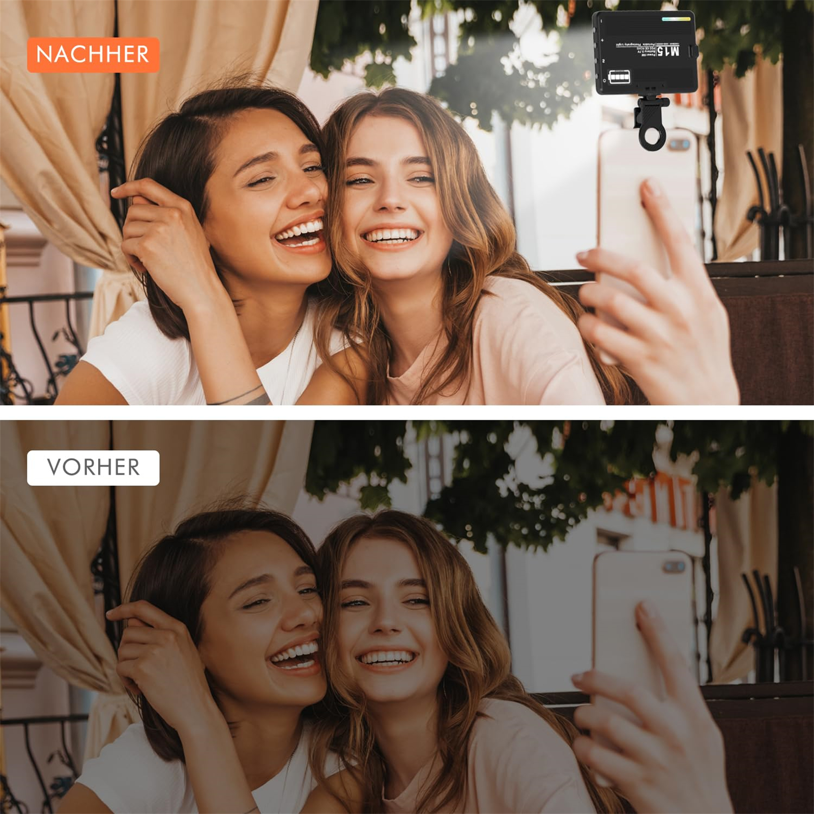 Das Bild zeigt Vorher-Nachher-Aufnahmen von Frauen, die Selfies machen, mit einem an ihren Telefonen befestigten Selfie-Licht.