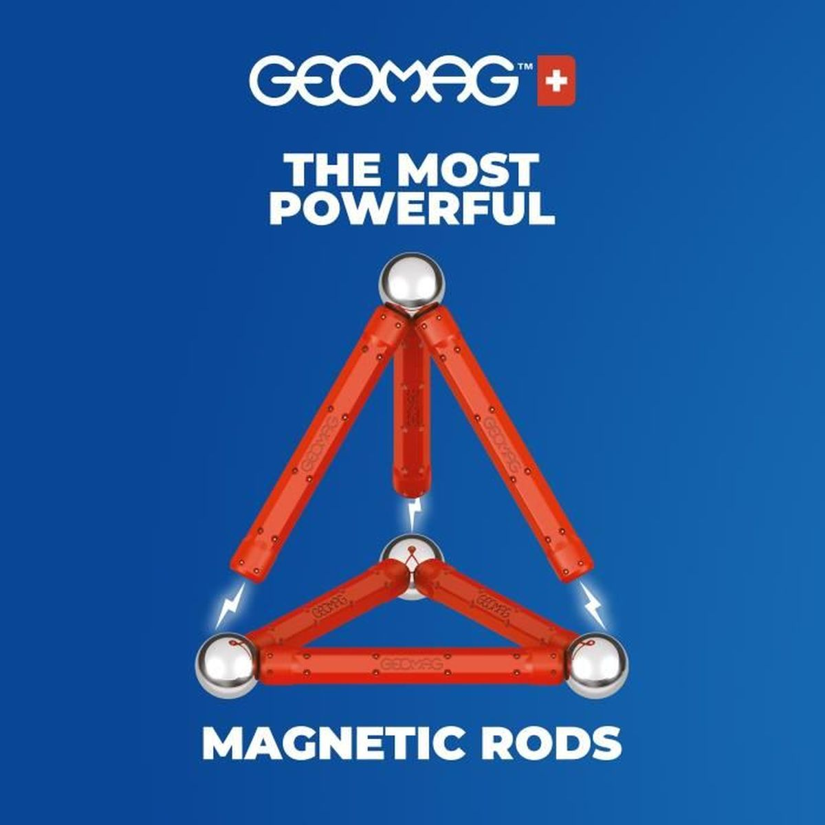 Rote Geomag-Struktur mit Magnetstäben und silbernen Kugeln auf blauem Hintergrund.