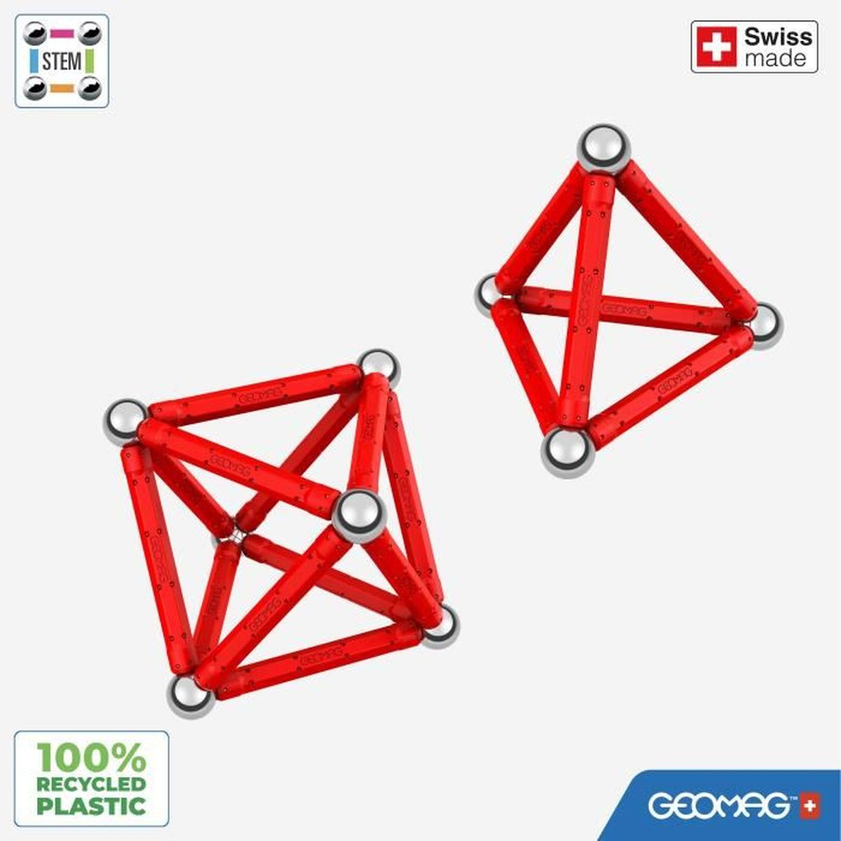Zwei rote Geomag-Strukturen aus recyceltem Kunststoff mit silbernen Kugeln.